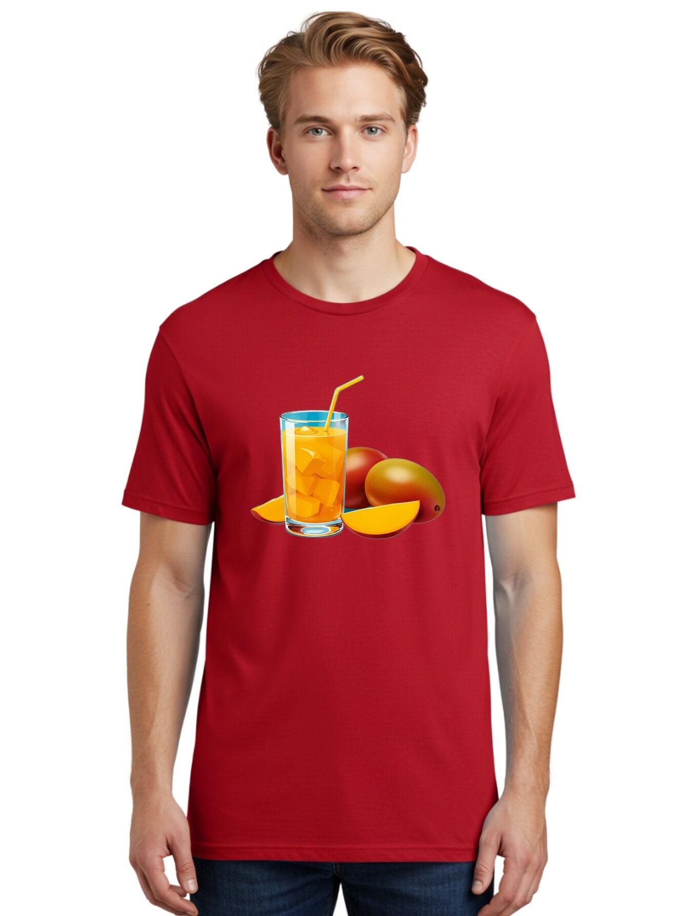 Mango-Juice-2 Men'S Graphic Tee, 100% Cotton, Comfortable Casual Summer Wear, Machine Washable, Mango Juice, Refreshing Drink, Cold Beverage, Tropical Fruit, Mango Chunks, Yellow Straw, Red Mango, Sliced Mango, Summer Drink Bac146 24