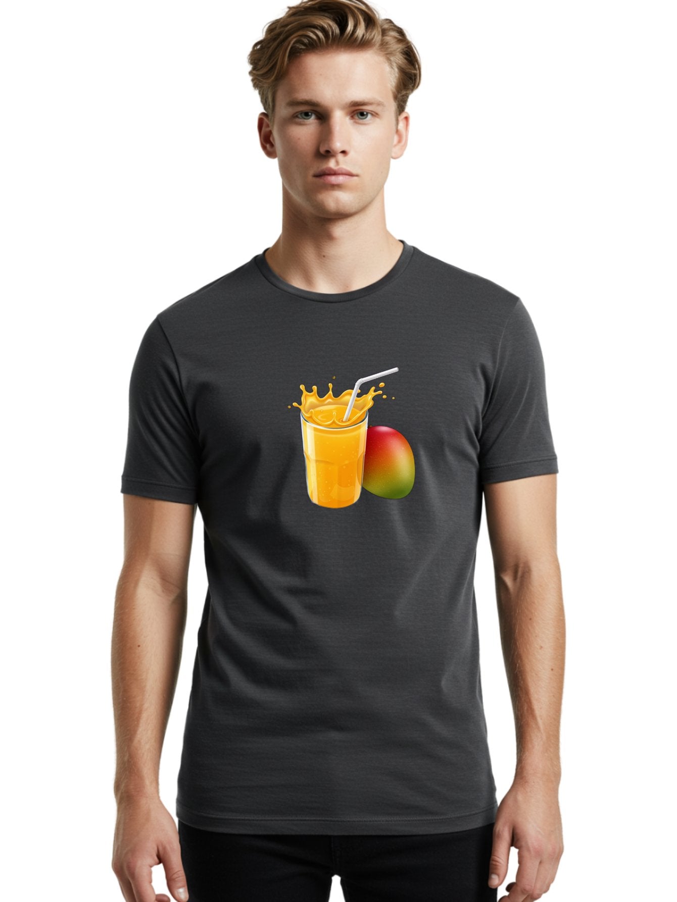 Mango-Juice-3 Men'S Graphic Tee, 100% Cotton, Comfortable Casual Summer Wear, Machine Washable, Mango Juice, Refreshing Drink, Tropical Flavor, Summer Beverage, Healthy Smoothie, Vibrant Orange Color, Splashing Juice, Straw, Whole Mango, Bac147 25
