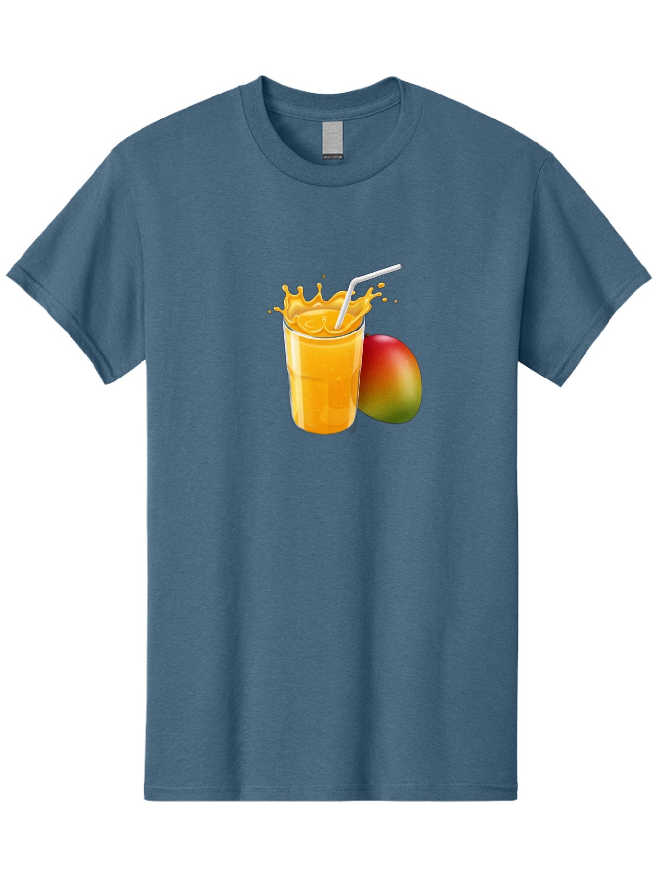 Mango-Juice-3 Men'S Graphic Tee, 100% Cotton, Comfortable Casual Summer Wear, Machine Washable, Mango Juice, Refreshing Drink, Tropical Flavor, Summer Beverage, Healthy Smoothie, Vibrant Orange Color, Splashing Juice, Straw, Whole Mango, Bac147