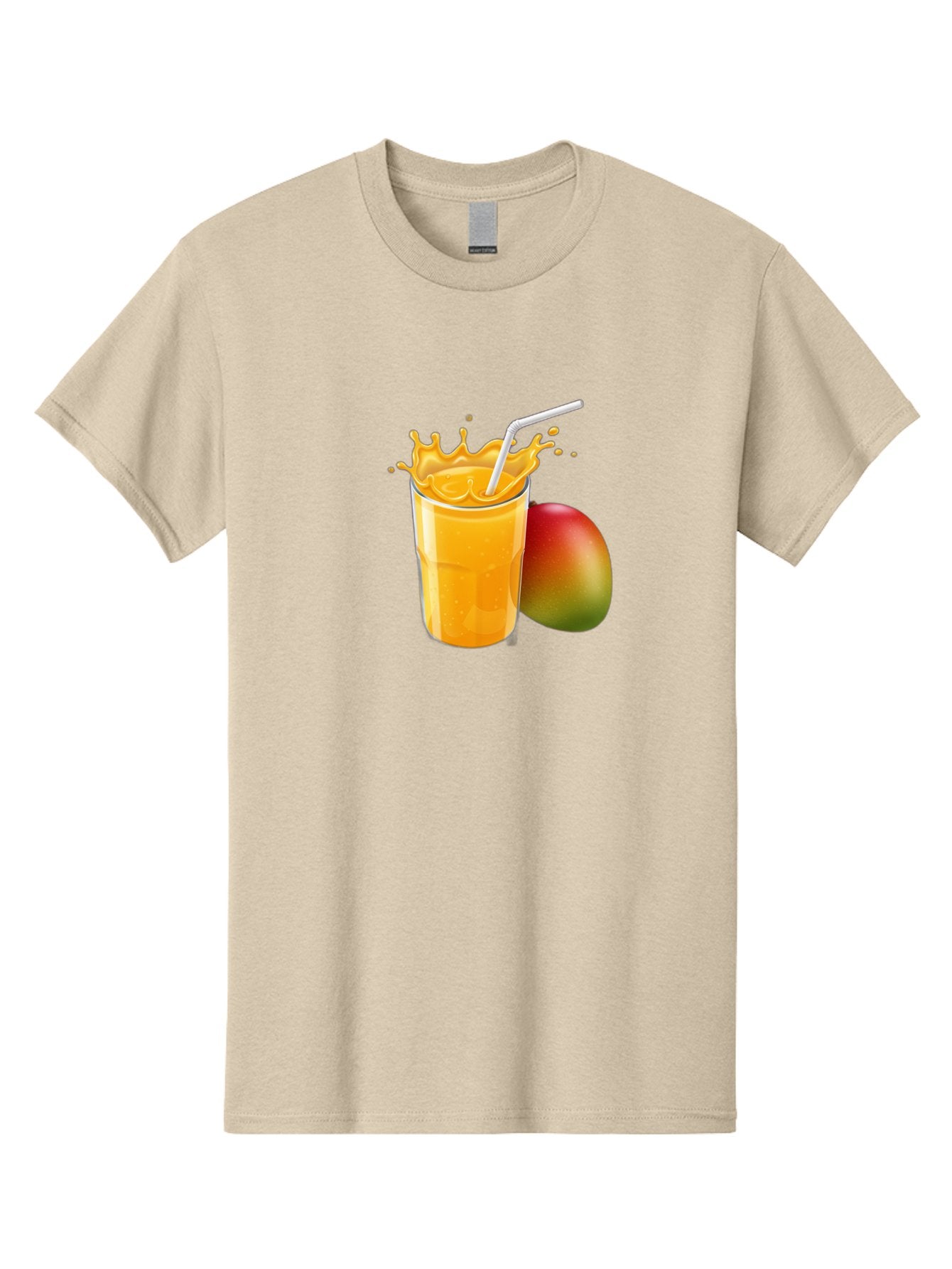 Mango-Juice-3 Men'S Graphic Tee, 100% Cotton, Comfortable Casual Summer Wear, Machine Washable, Mango Juice, Refreshing Drink, Tropical Flavor, Summer Beverage, Healthy Smoothie, Vibrant Orange Color, Splashing Juice, Straw, Whole Mango, Bac147