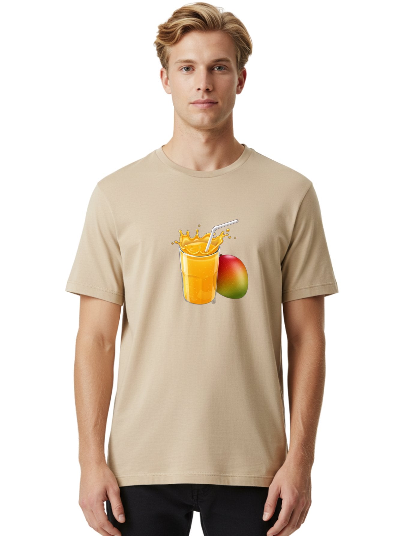 Mango-Juice-3 Men'S Graphic Tee, 100% Cotton, Comfortable Casual Summer Wear, Machine Washable, Mango Juice, Refreshing Drink, Tropical Flavor, Summer Beverage, Healthy Smoothie, Vibrant Orange Color, Splashing Juice, Straw, Whole Mango, Bac147 19