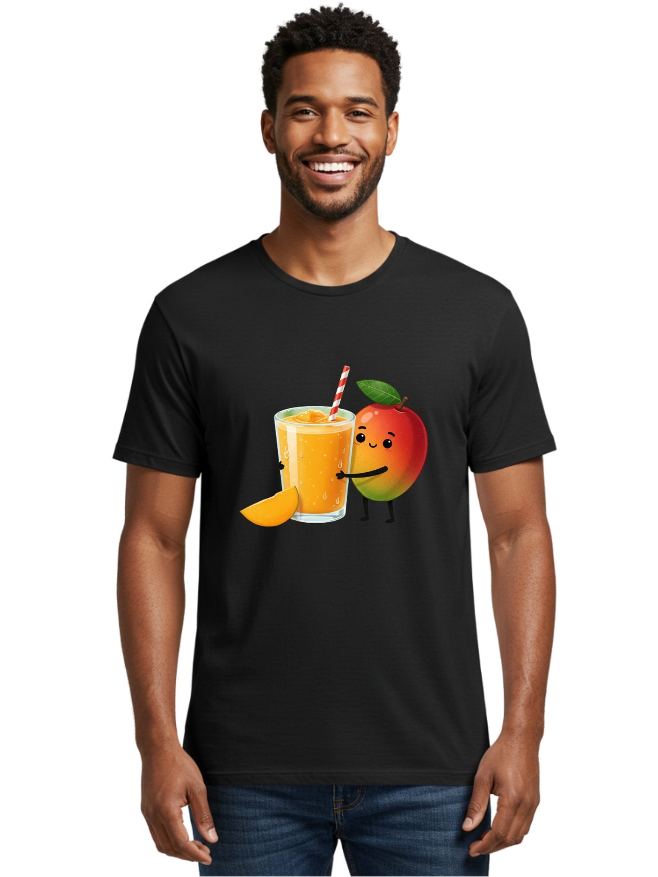 Mango-Juice Men'S Graphic Tee, 100% Cotton, Comfortable Casual Summer Wear, Machine Washable, Mango Juice, Cartoon Characters, Orange Juice, Fruit Juice, Healthy Drink, Refreshing Beverage, Smiling Mango, Cute Character, Orange Drink Bac150 26