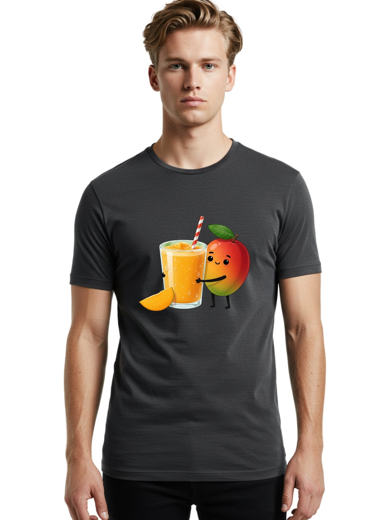 Mango-Juice Men'S Graphic Tee, 100% Cotton, Comfortable Casual Summer Wear, Machine Washable, Mango Juice, Cartoon Characters, Orange Juice, Fruit Juice, Healthy Drink, Refreshing Beverage, Smiling Mango, Cute Character, Orange Drink Bac150 30