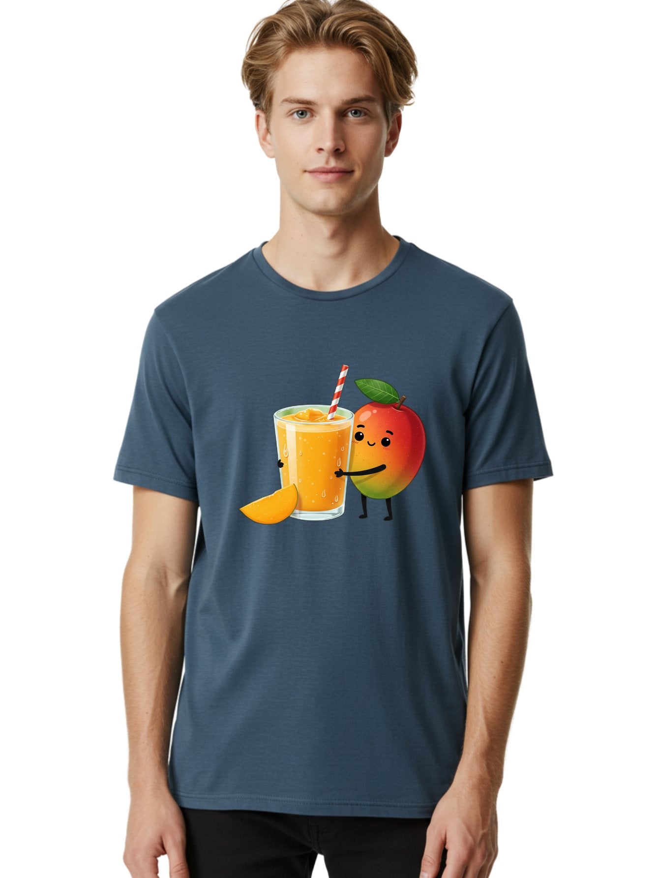 Mango-Juice Men'S Graphic Tee, 100% Cotton, Comfortable Casual Summer Wear, Machine Washable, Mango Juice, Cartoon Characters, Orange Juice, Fruit Juice, Healthy Drink, Refreshing Beverage, Smiling Mango, Cute Character, Orange Drink Bac150 18