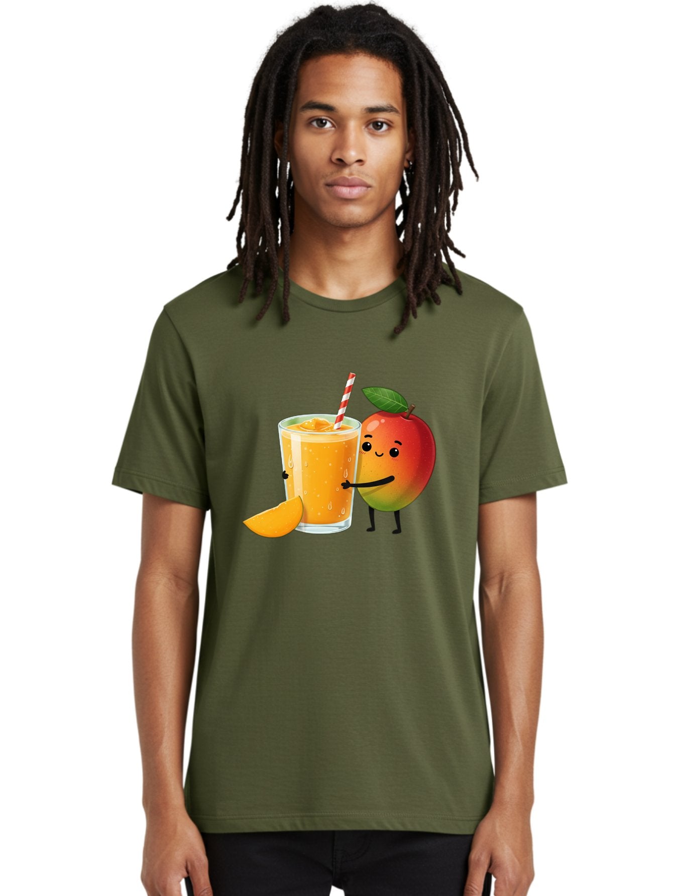 Mango-Juice Men'S Graphic Tee, 100% Cotton, Comfortable Casual Summer Wear, Machine Washable, Mango Juice, Cartoon Characters, Orange Juice, Fruit Juice, Healthy Drink, Refreshing Beverage, Smiling Mango, Cute Character, Orange Drink Bac150 20