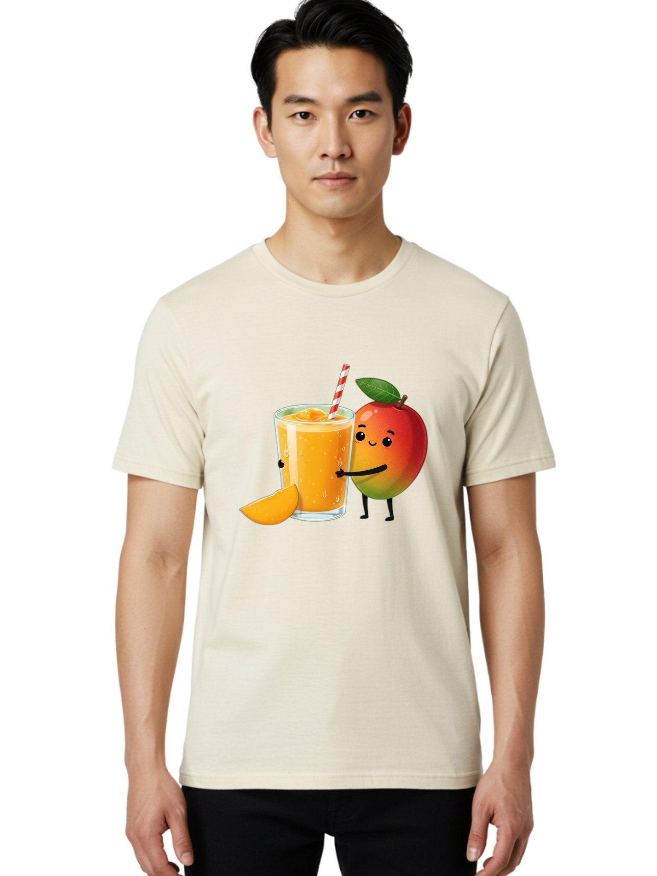 Mango-Juice Men'S Graphic Tee, 100% Cotton, Comfortable Casual Summer Wear, Machine Washable, Mango Juice, Cartoon Characters, Orange Juice, Fruit Juice, Healthy Drink, Refreshing Beverage, Smiling Mango, Cute Character, Orange Drink Bac150 21