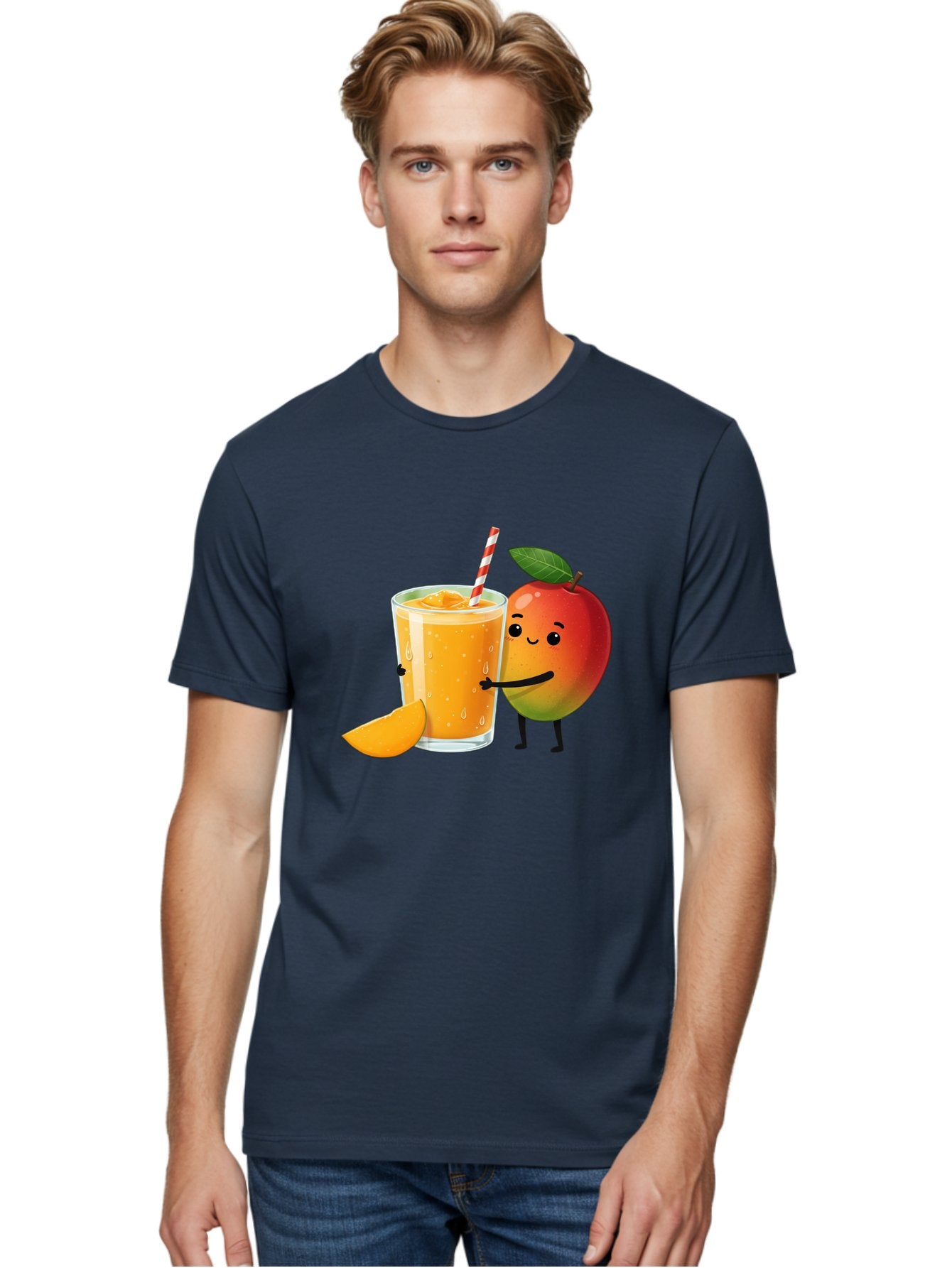 Mango-Juice Men'S Graphic Tee, 100% Cotton, Comfortable Casual Summer Wear, Machine Washable, Mango Juice, Cartoon Characters, Orange Juice, Fruit Juice, Healthy Drink, Refreshing Beverage, Smiling Mango, Cute Character, Orange Drink Bac150 28