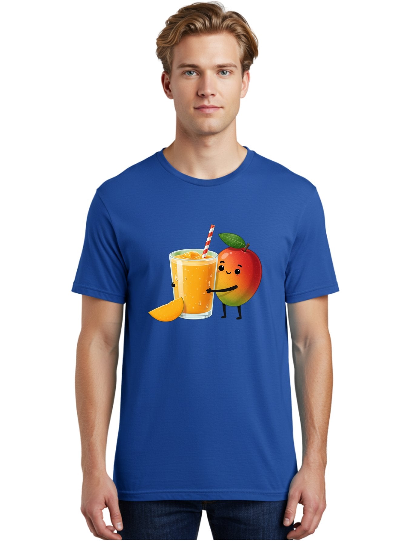 Mango-Juice Men'S Graphic Tee, 100% Cotton, Comfortable Casual Summer Wear, Machine Washable, Mango Juice, Cartoon Characters, Orange Juice, Fruit Juice, Healthy Drink, Refreshing Beverage, Smiling Mango, Cute Character, Orange Drink Bac150 25