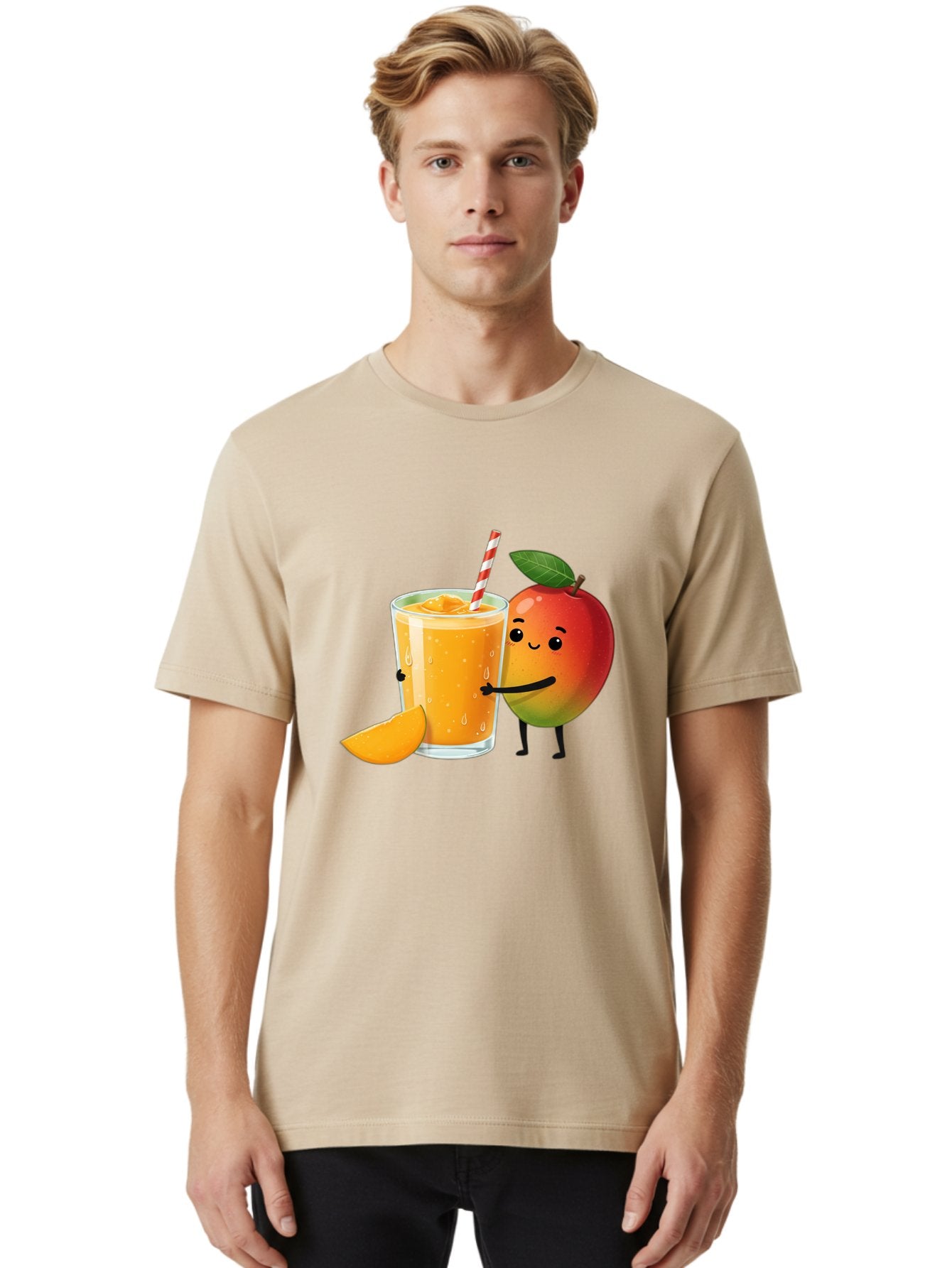 Mango-Juice Men'S Graphic Tee, 100% Cotton, Comfortable Casual Summer Wear, Machine Washable, Mango Juice, Cartoon Characters, Orange Juice, Fruit Juice, Healthy Drink, Refreshing Beverage, Smiling Mango, Cute Character, Orange Drink Bac150 23
