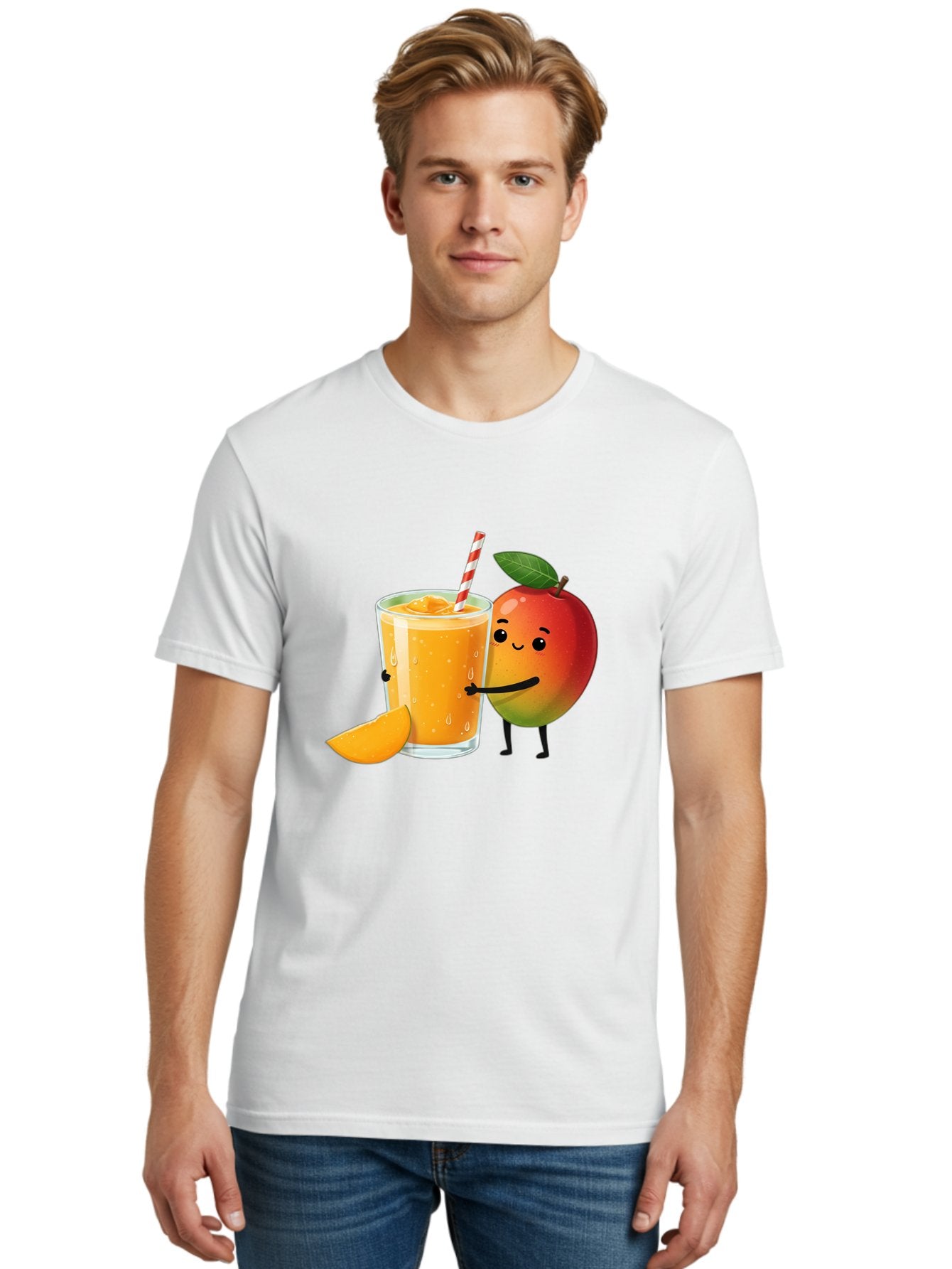 Mango-Juice Men'S Graphic Tee, 100% Cotton, Comfortable Casual Summer Wear, Machine Washable, Mango Juice, Cartoon Characters, Orange Juice, Fruit Juice, Healthy Drink, Refreshing Beverage, Smiling Mango, Cute Character, Orange Drink Bac150 24