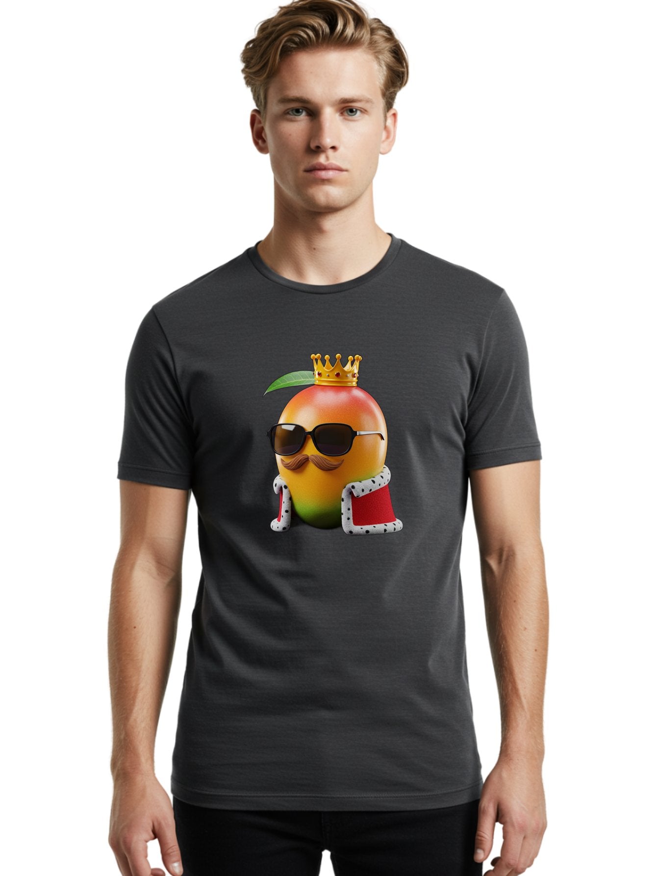 Mango-King Men'S Graphic Tee, 100% Cotton, Comfortable Casual Summer Wear, Machine Washable, Cartoon Mango Character, Mango With Sunglasses, Crown On Mango, Royal Treatment, Funny Fruit, Mango Illustration, Whimsical Design, Playful Art, Bac151 29