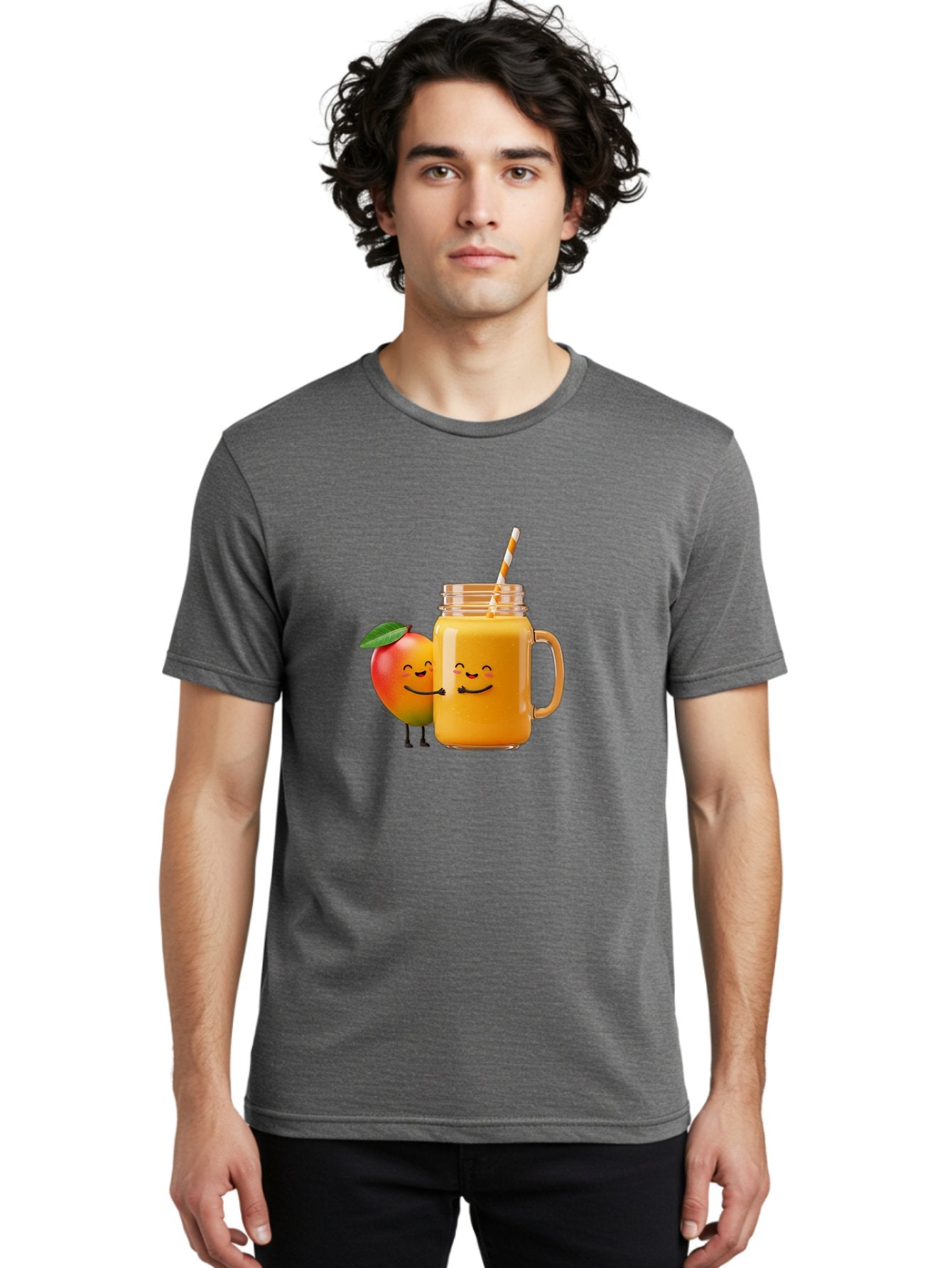 Mango-Smoothie-1 Men'S Graphic Tee, 100% Cotton, Comfortable Casual Summer Wear, Machine Washable, Mango Smoothie, Cartoon Characters, Healthy Drink, Orange Juice, Happy Fruit, Refreshing Beverage, Smiling Face, Straw In Glass Bac153 28