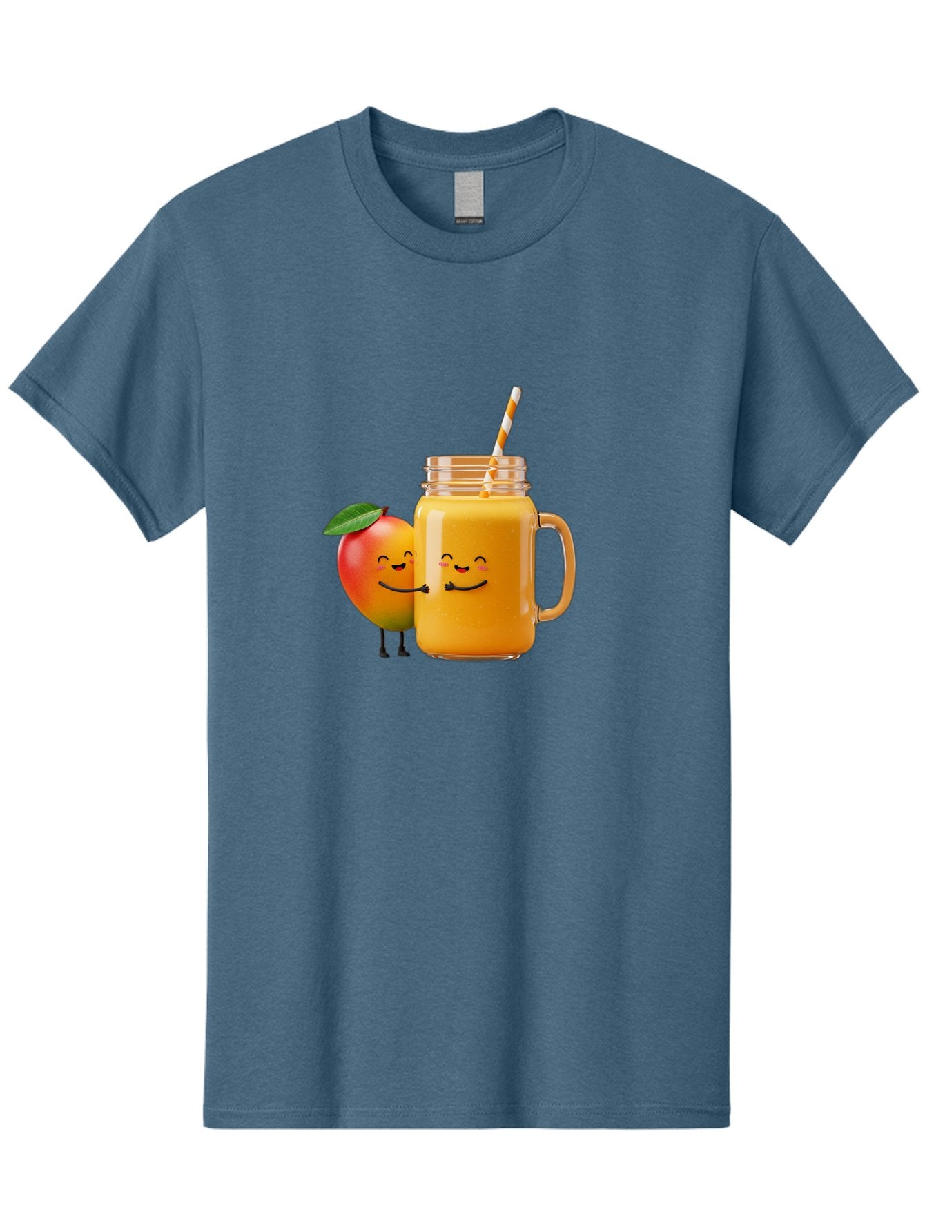 Mango-Smoothie-1 Men'S Graphic Tee, 100% Cotton, Comfortable Casual Summer Wear, Machine Washable, Mango Smoothie, Cartoon Characters, Healthy Drink, Orange Juice, Happy Fruit, Refreshing Beverage, Smiling Face, Straw In Glass Bac153