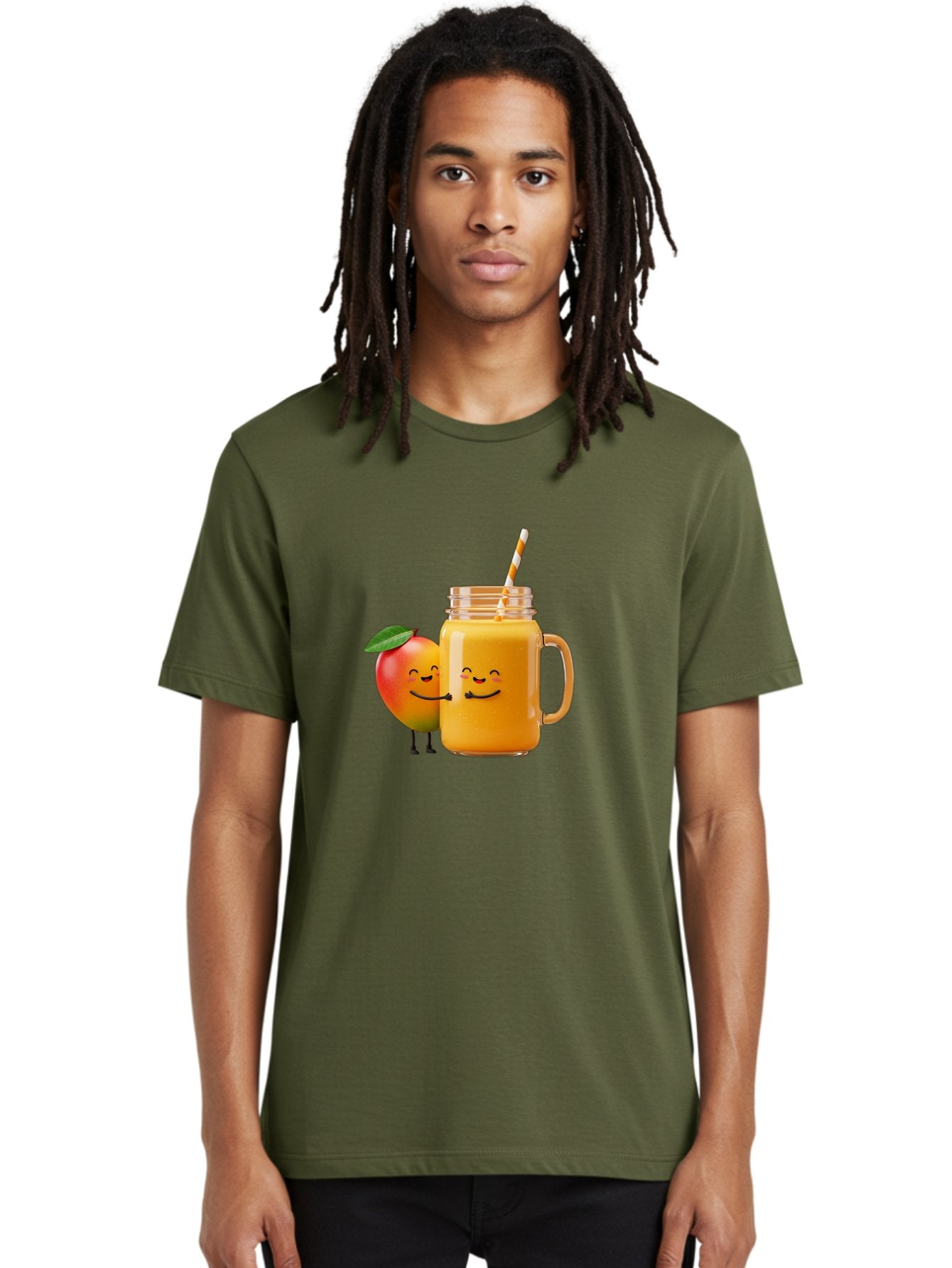 Mango-Smoothie-1 Men'S Graphic Tee, 100% Cotton, Comfortable Casual Summer Wear, Machine Washable, Mango Smoothie, Cartoon Characters, Healthy Drink, Orange Juice, Happy Fruit, Refreshing Beverage, Smiling Face, Straw In Glass Bac153 18