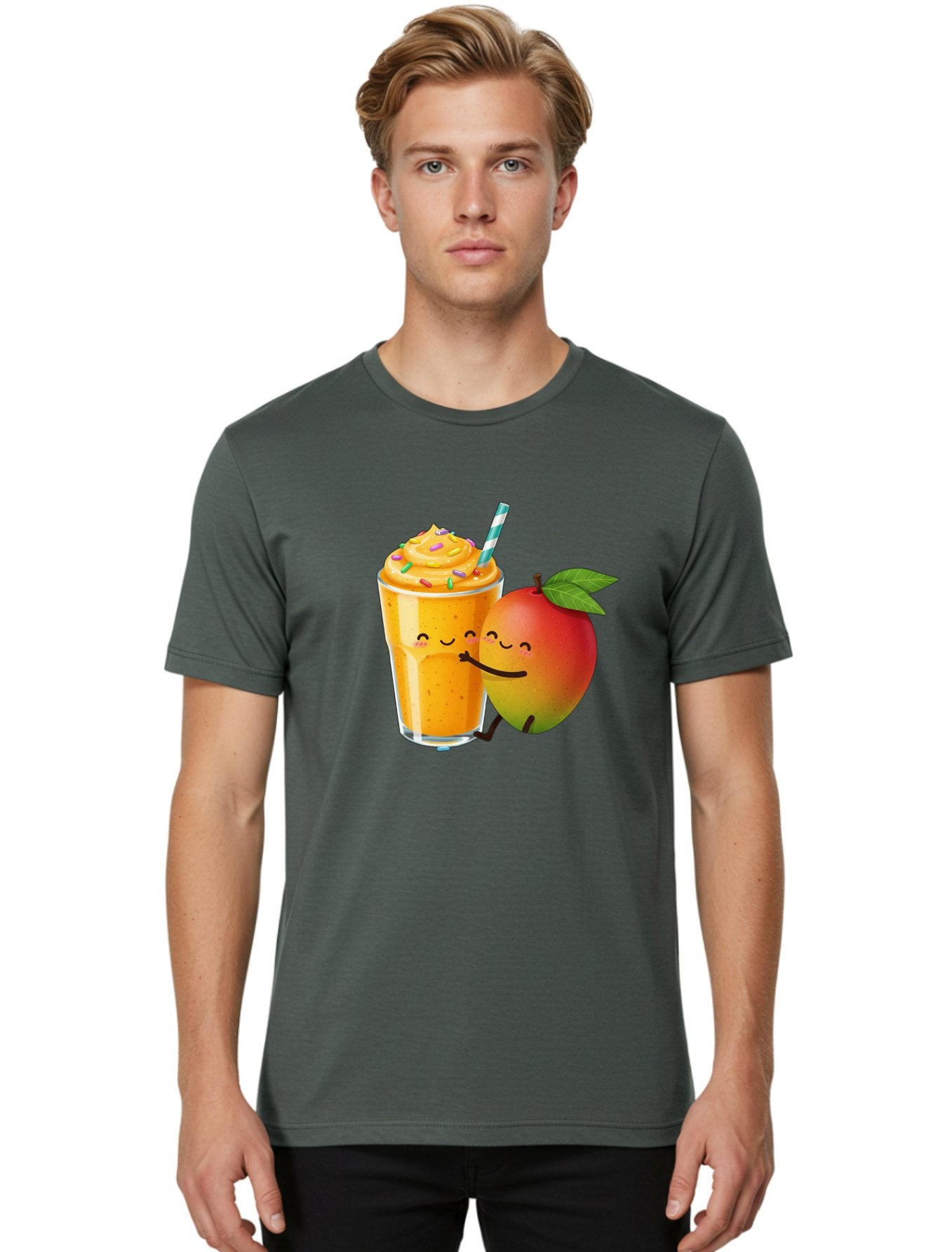 Mango-Smoothie-2 Men'S Graphic Tee, 100% Cotton, Comfortable Casual Summer Wear, Machine Washable, Mango Smoothie, Yellow Drink, Sprinkles On Top, Blue Straw, Cartoon Mango, Smiling Fruit, Happy Beverage, Tasty Treat, Refreshing Drink, Bac154 22
