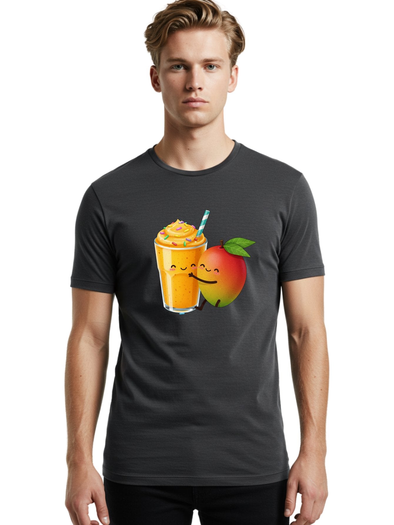 Mango-Smoothie-2 Men'S Graphic Tee, 100% Cotton, Comfortable Casual Summer Wear, Machine Washable, Mango Smoothie, Yellow Drink, Sprinkles On Top, Blue Straw, Cartoon Mango, Smiling Fruit, Happy Beverage, Tasty Treat, Refreshing Drink, Bac154 30