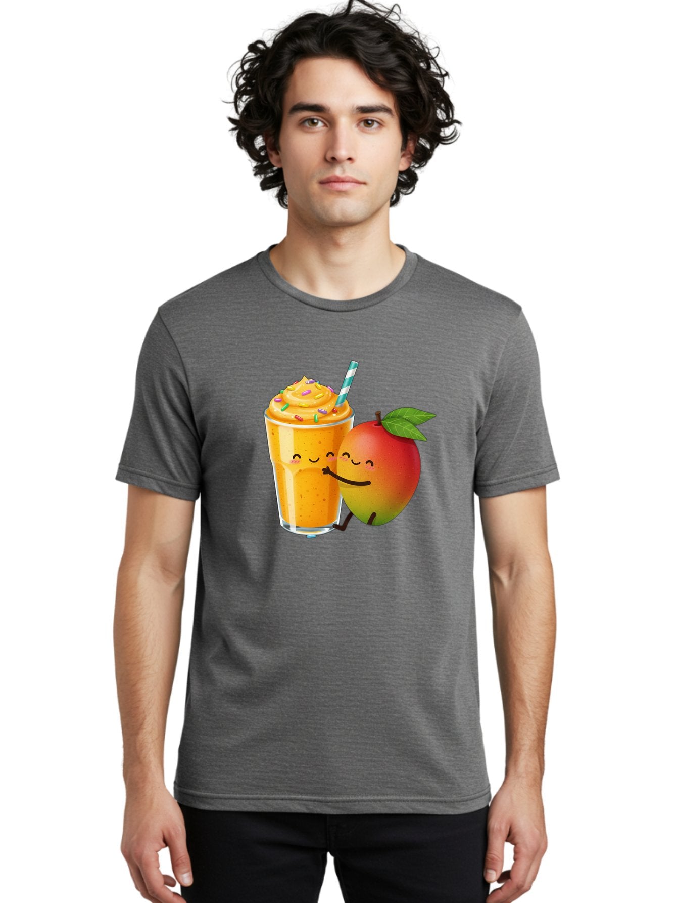 Mango-Smoothie-2 Men'S Graphic Tee, 100% Cotton, Comfortable Casual Summer Wear, Machine Washable, Mango Smoothie, Yellow Drink, Sprinkles On Top, Blue Straw, Cartoon Mango, Smiling Fruit, Happy Beverage, Tasty Treat, Refreshing Drink, Bac154 20