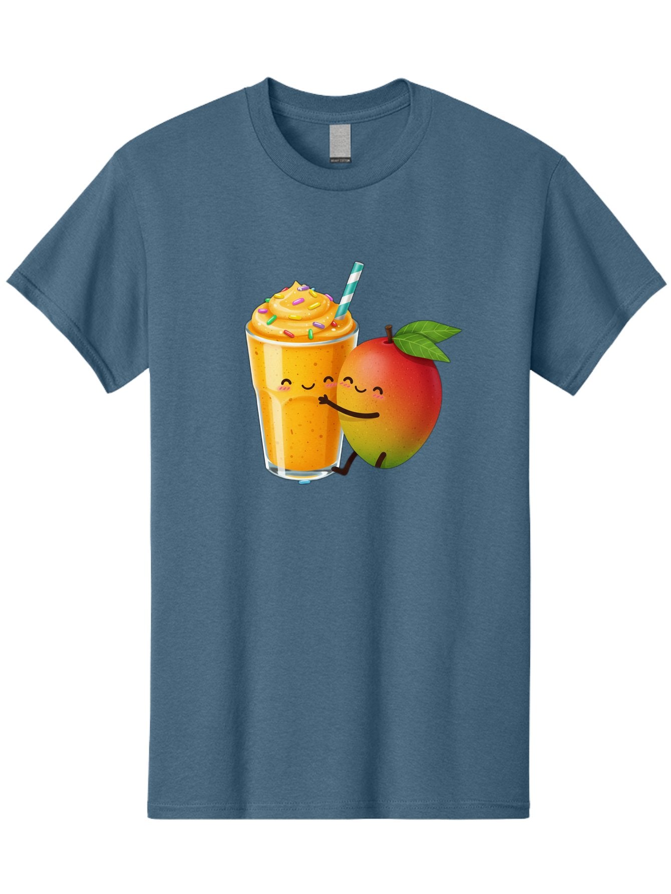 Mango-Smoothie-2 Men'S Graphic Tee, 100% Cotton, Comfortable Casual Summer Wear, Machine Washable, Mango Smoothie, Yellow Drink, Sprinkles On Top, Blue Straw, Cartoon Mango, Smiling Fruit, Happy Beverage, Tasty Treat, Refreshing Drink, Bac154 4