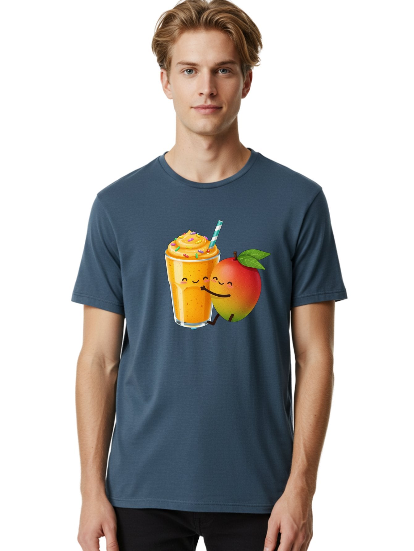 Mango-Smoothie-2 Men'S Graphic Tee, 100% Cotton, Comfortable Casual Summer Wear, Machine Washable, Mango Smoothie, Yellow Drink, Sprinkles On Top, Blue Straw, Cartoon Mango, Smiling Fruit, Happy Beverage, Tasty Treat, Refreshing Drink, Bac154 18