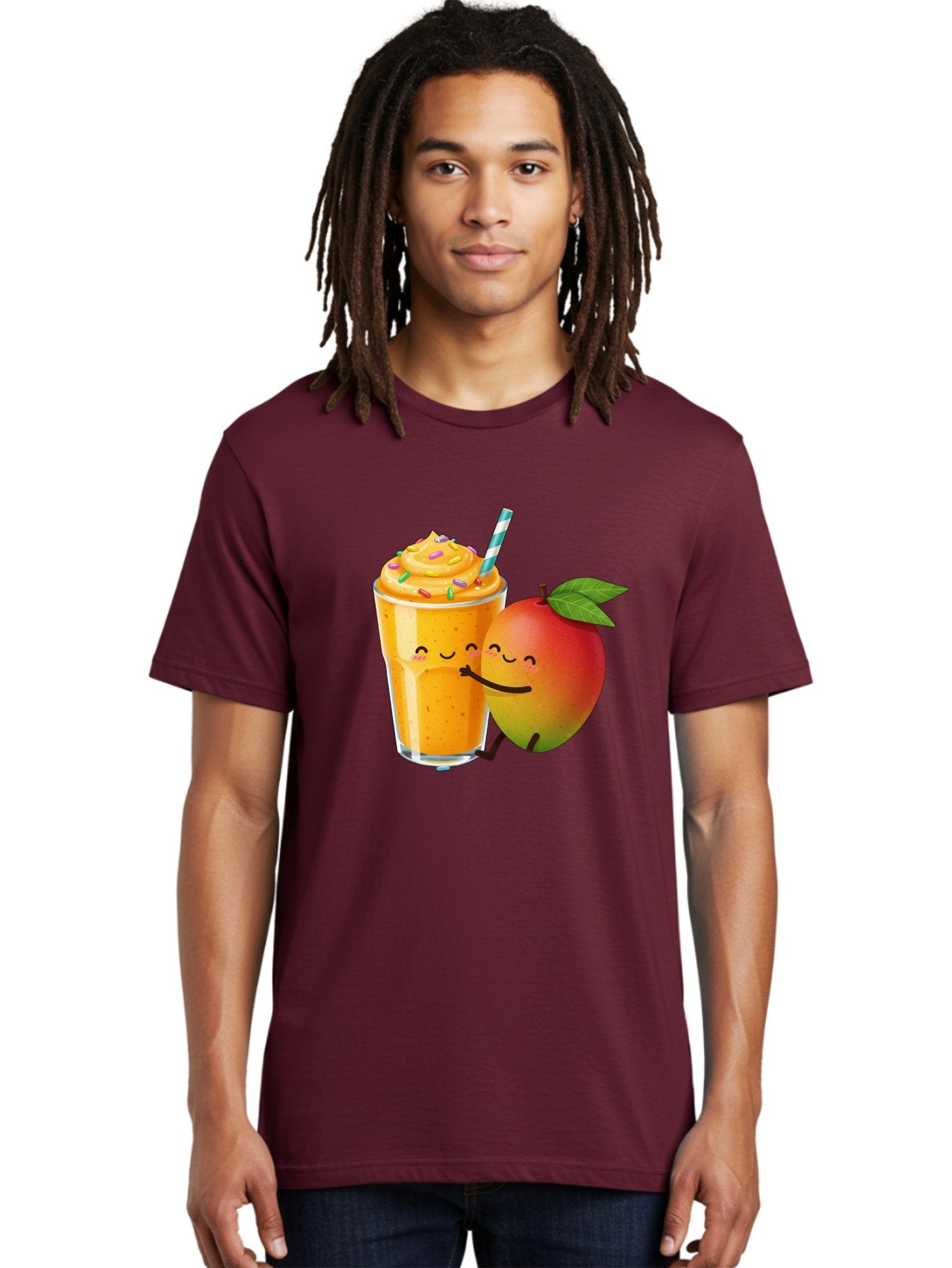 Mango-Smoothie-2 Men'S Graphic Tee, 100% Cotton, Comfortable Casual Summer Wear, Machine Washable, Mango Smoothie, Yellow Drink, Sprinkles On Top, Blue Straw, Cartoon Mango, Smiling Fruit, Happy Beverage, Tasty Treat, Refreshing Drink, Bac154 16