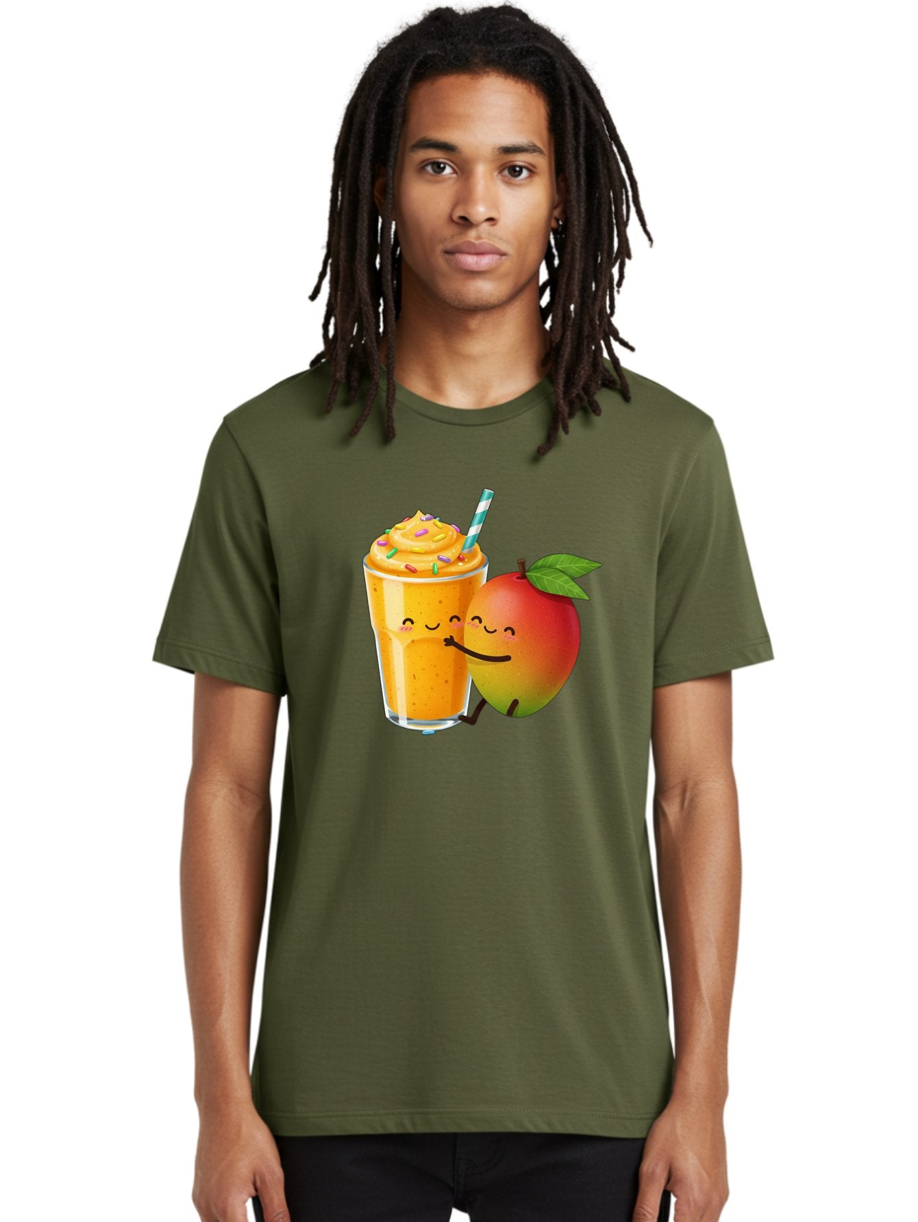 Mango-Smoothie-2 Men'S Graphic Tee, 100% Cotton, Comfortable Casual Summer Wear, Machine Washable, Mango Smoothie, Yellow Drink, Sprinkles On Top, Blue Straw, Cartoon Mango, Smiling Fruit, Happy Beverage, Tasty Treat, Refreshing Drink, Bac154 17