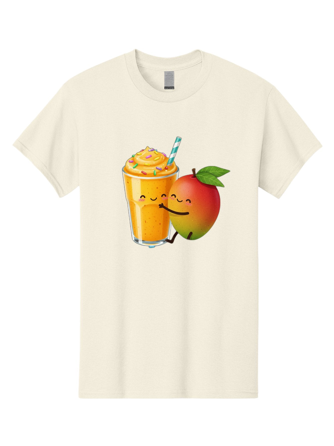 Mango-Smoothie-2 Men'S Graphic Tee, 100% Cotton, Comfortable Casual Summer Wear, Machine Washable, Mango Smoothie, Yellow Drink, Sprinkles On Top, Blue Straw, Cartoon Mango, Smiling Fruit, Happy Beverage, Tasty Treat, Refreshing Drink, Bac154