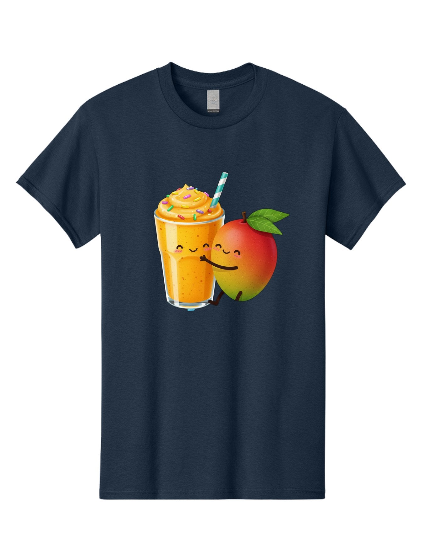 Mango-Smoothie-2 Men'S Graphic Tee, 100% Cotton, Comfortable Casual Summer Wear, Machine Washable, Mango Smoothie, Yellow Drink, Sprinkles On Top, Blue Straw, Cartoon Mango, Smiling Fruit, Happy Beverage, Tasty Treat, Refreshing Drink, Bac154 12
