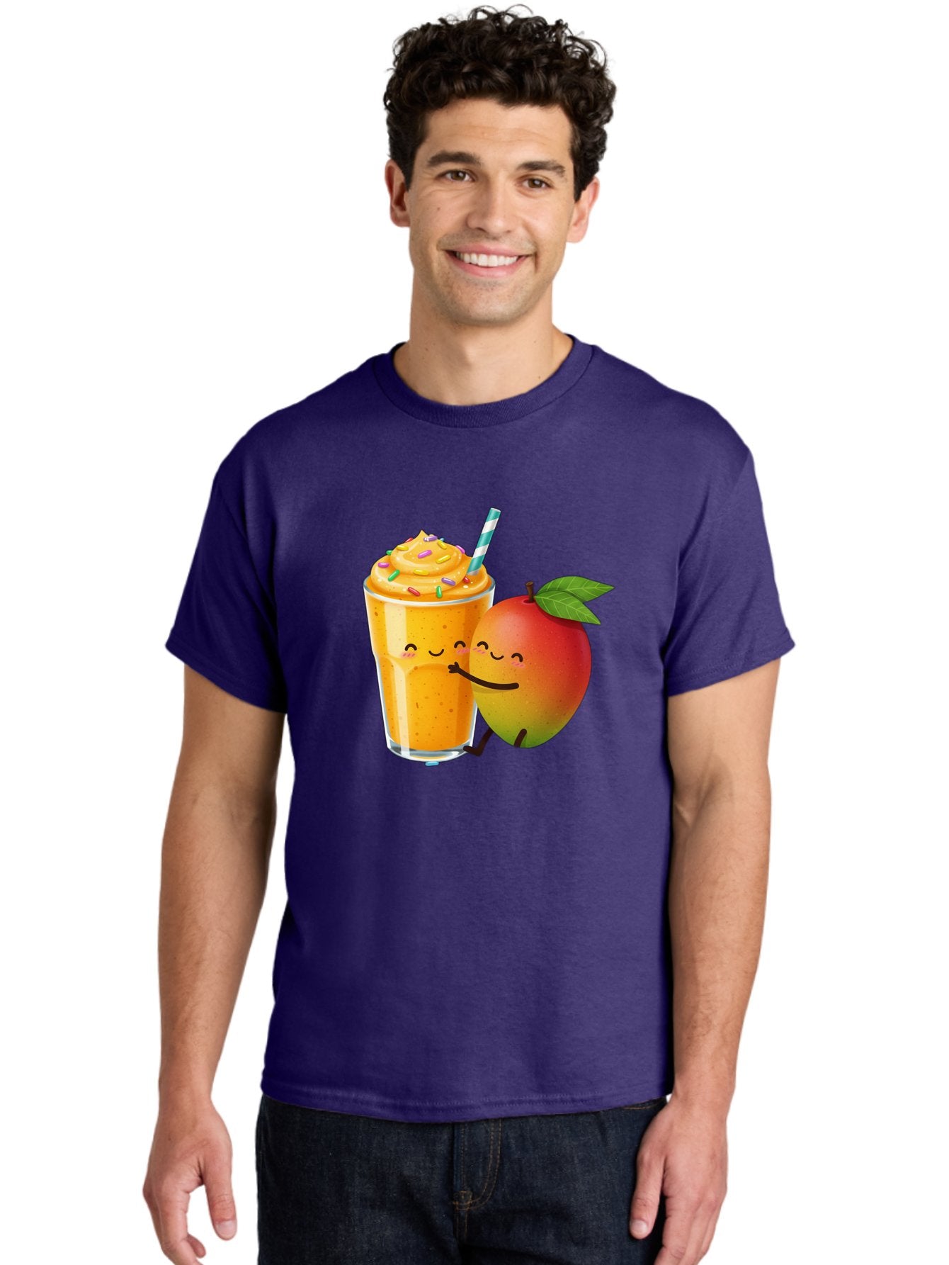 Mango-Smoothie-2 Men'S Graphic Tee, 100% Cotton, Comfortable Casual Summer Wear, Machine Washable, Mango Smoothie, Yellow Drink, Sprinkles On Top, Blue Straw, Cartoon Mango, Smiling Fruit, Happy Beverage, Tasty Treat, Refreshing Drink, Bac154 29