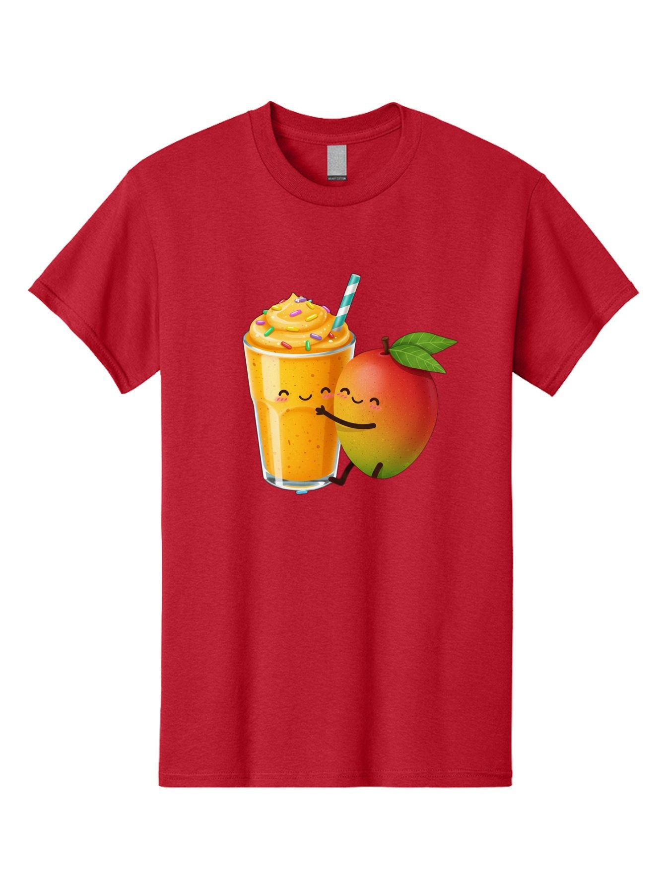 Mango-Smoothie-2 Men'S Graphic Tee, 100% Cotton, Comfortable Casual Summer Wear, Machine Washable, Mango Smoothie, Yellow Drink, Sprinkles On Top, Blue Straw, Cartoon Mango, Smiling Fruit, Happy Beverage, Tasty Treat, Refreshing Drink, Bac154
