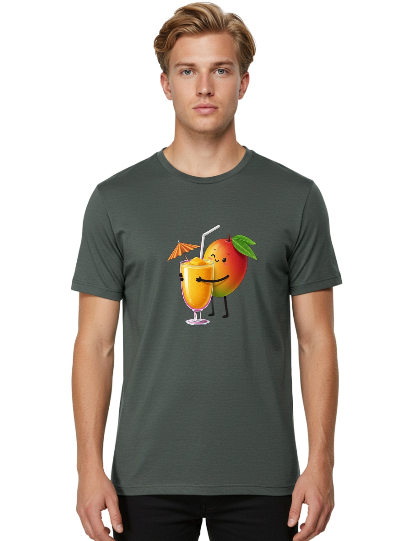 Mango-Smoothie-3 Men'S Graphic Tee, 100% Cotton, Comfortable Casual Summer Wear, Machine Washable, Mango Character, Smiling Face, Orange Drink, Straw, Umbrella, Cartoon Style, Funny, Vibrant Orange, Tropical Flavors, Happy Emoji, Smoothie, Bac155 16