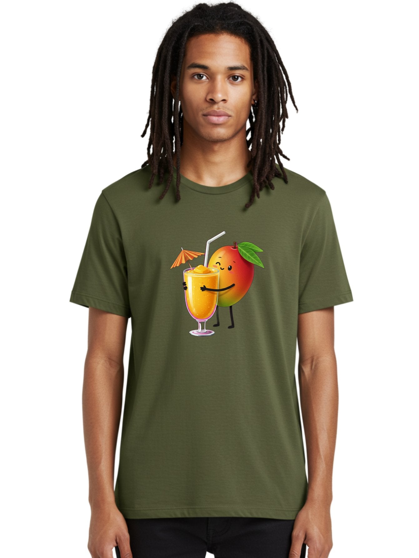 Mango-Smoothie-3 Men'S Graphic Tee, 100% Cotton, Comfortable Casual Summer Wear, Machine Washable, Mango Character, Smiling Face, Orange Drink, Straw, Umbrella, Cartoon Style, Funny, Vibrant Orange, Tropical Flavors, Happy Emoji, Smoothie, Bac155 25