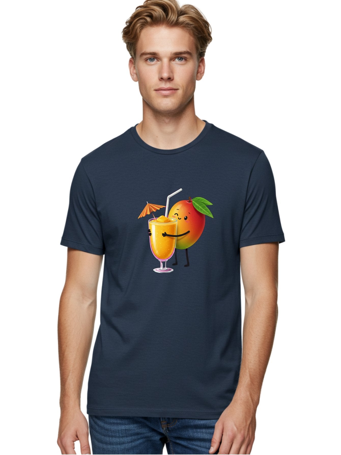 Mango-Smoothie-3 Men'S Graphic Tee, 100% Cotton, Comfortable Casual Summer Wear, Machine Washable, Mango Character, Smiling Face, Orange Drink, Straw, Umbrella, Cartoon Style, Funny, Vibrant Orange, Tropical Flavors, Happy Emoji, Smoothie, Bac155 23