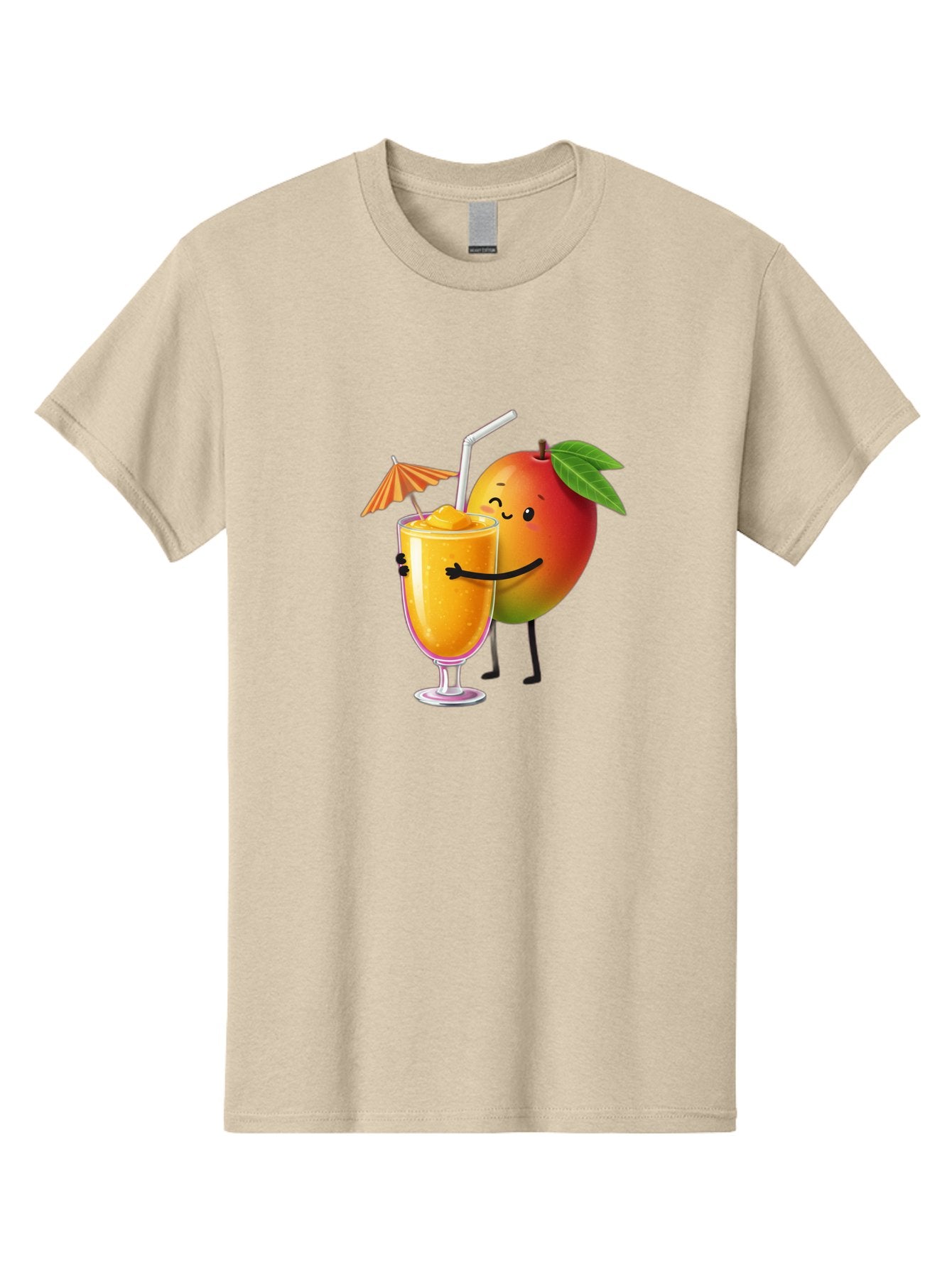 Mango-Smoothie-3 Men'S Graphic Tee, 100% Cotton, Comfortable Casual Summer Wear, Machine Washable, Mango Character, Smiling Face, Orange Drink, Straw, Umbrella, Cartoon Style, Funny, Vibrant Orange, Tropical Flavors, Happy Emoji, Smoothie, Bac155