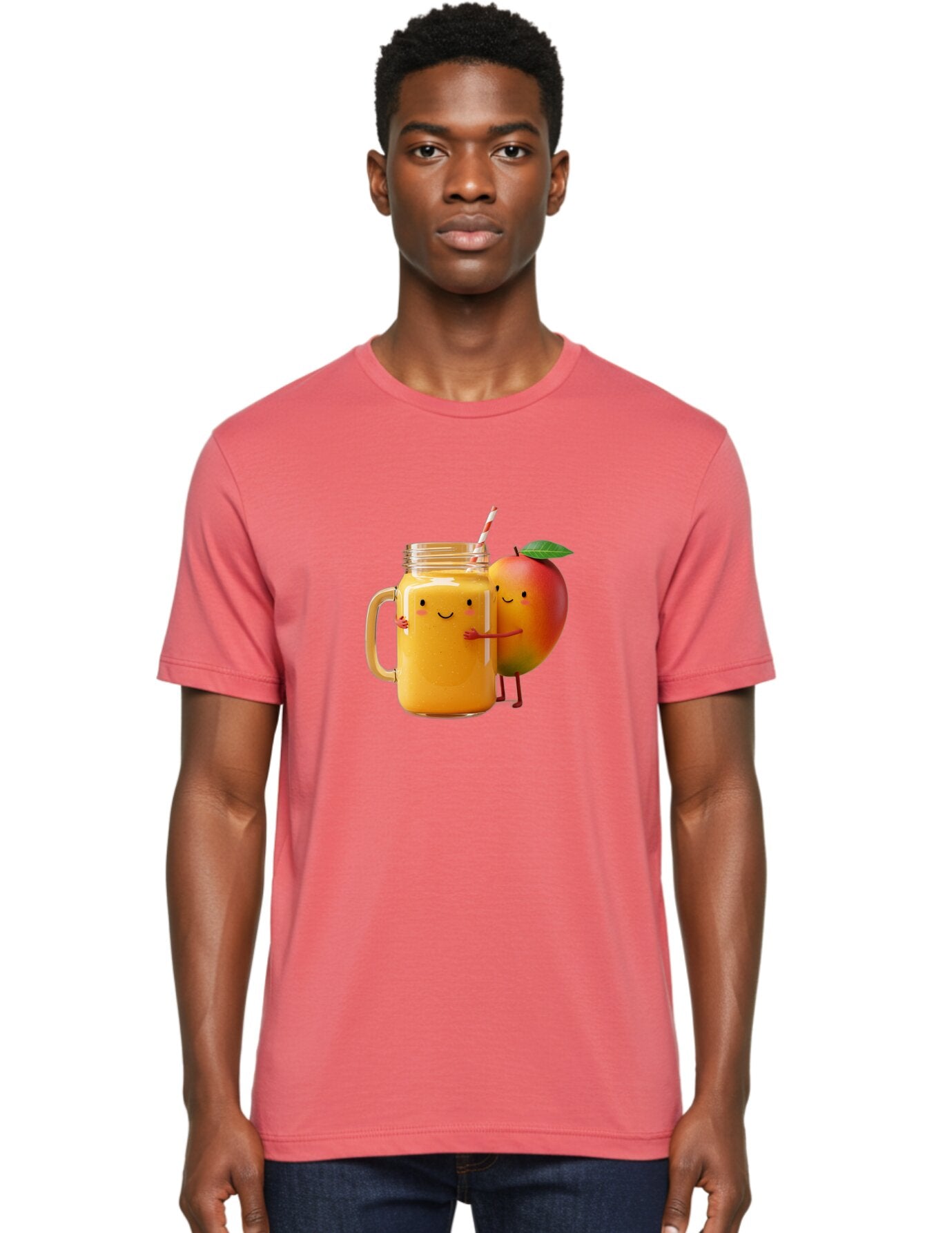 Mango-Smoothie-4 Men'S Graphic Tee, 100% Cotton, Comfortable Casual Summer Wear, Machine Washable, Mason Jar With Straw, Smiling Jar, Mango Character, Orange Smoothie, Healthy Drink, Cartoon-Style Illustration, Smiling Faces, Happy Vibe, Bac156 29