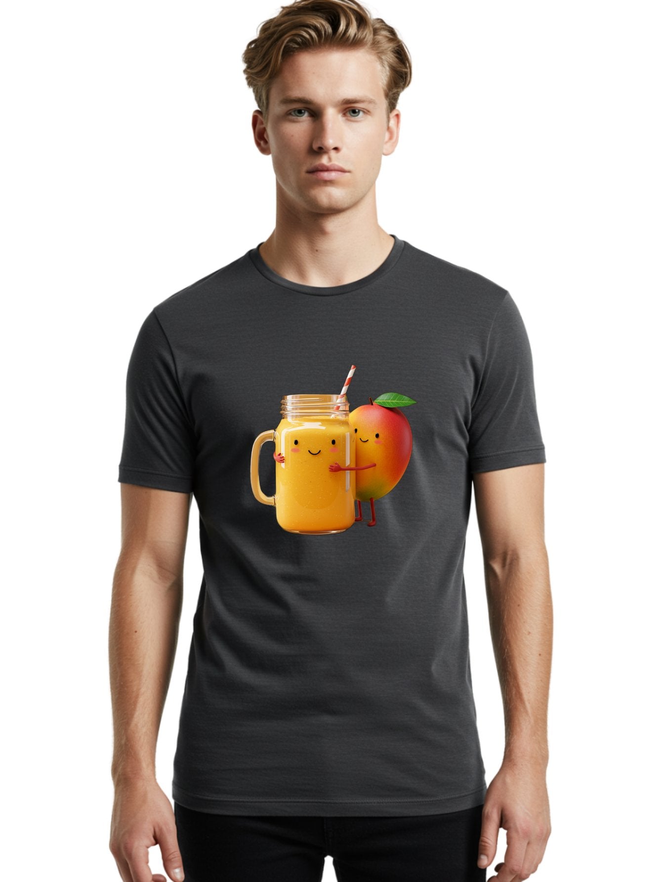 Mango-Smoothie-4 Men'S Graphic Tee, 100% Cotton, Comfortable Casual Summer Wear, Machine Washable, Mason Jar With Straw, Smiling Jar, Mango Character, Orange Smoothie, Healthy Drink, Cartoon-Style Illustration, Smiling Faces, Happy Vibe, Bac156 16