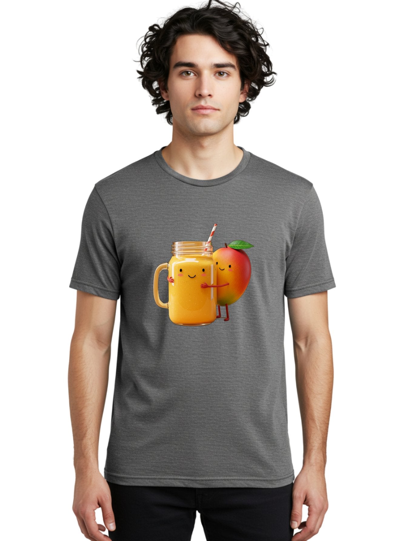 Mango-Smoothie-4 Men'S Graphic Tee, 100% Cotton, Comfortable Casual Summer Wear, Machine Washable, Mason Jar With Straw, Smiling Jar, Mango Character, Orange Smoothie, Healthy Drink, Cartoon-Style Illustration, Smiling Faces, Happy Vibe, Bac156 27