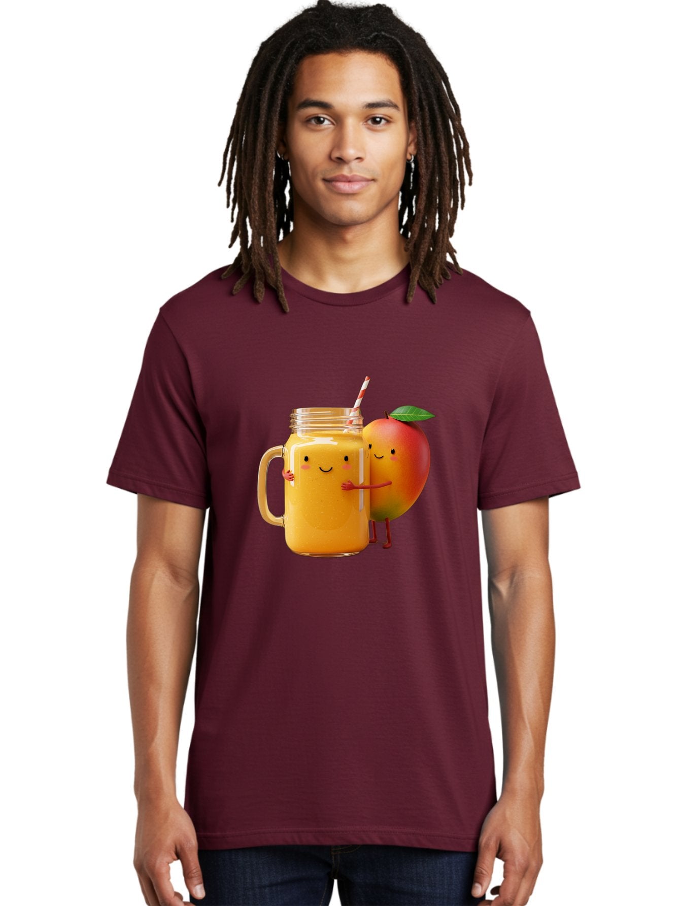 Mango-Smoothie-4 Men'S Graphic Tee, 100% Cotton, Comfortable Casual Summer Wear, Machine Washable, Mason Jar With Straw, Smiling Jar, Mango Character, Orange Smoothie, Healthy Drink, Cartoon-Style Illustration, Smiling Faces, Happy Vibe, Bac156 17
