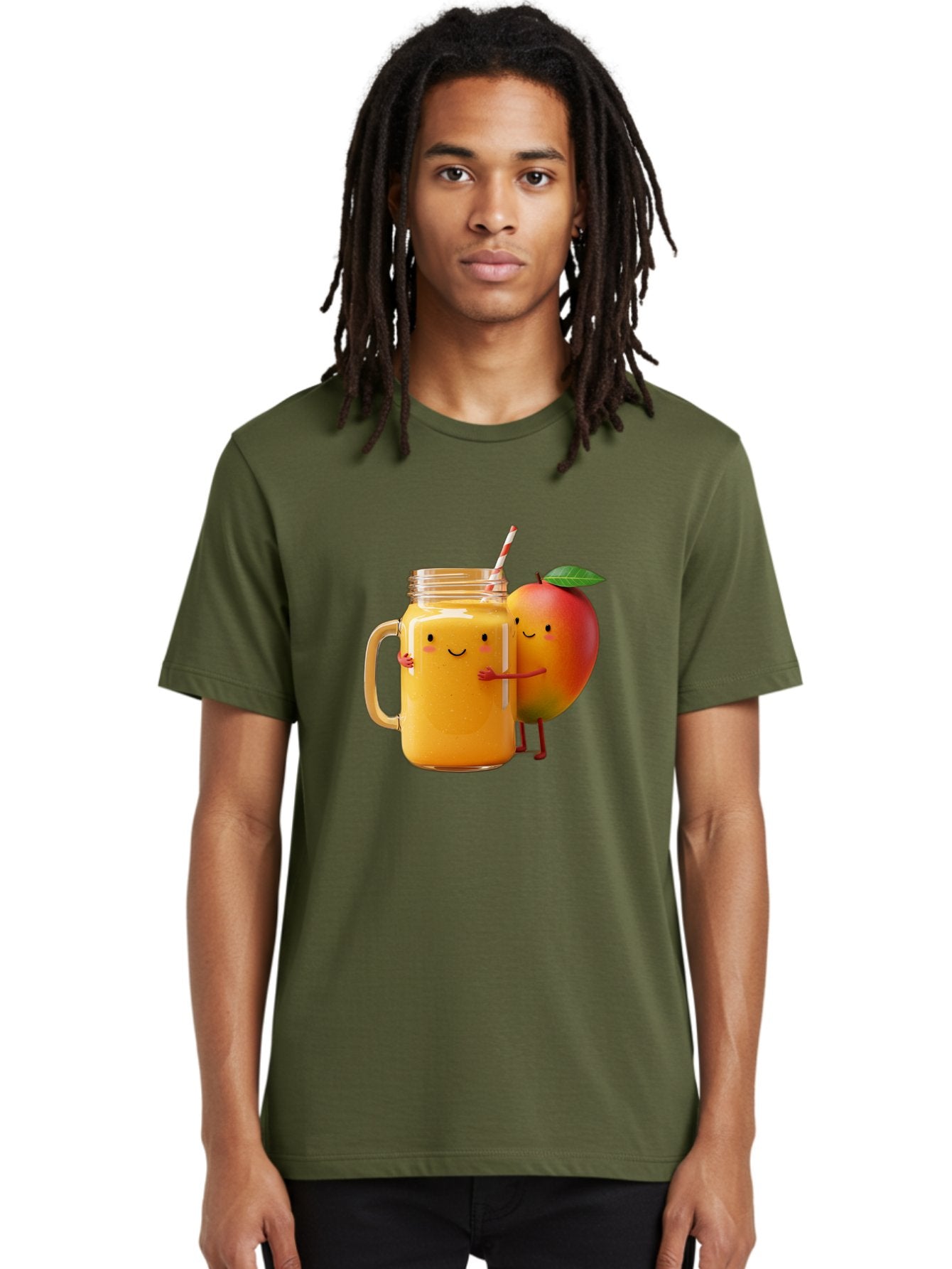 Mango-Smoothie-4 Men'S Graphic Tee, 100% Cotton, Comfortable Casual Summer Wear, Machine Washable, Mason Jar With Straw, Smiling Jar, Mango Character, Orange Smoothie, Healthy Drink, Cartoon-Style Illustration, Smiling Faces, Happy Vibe, Bac156 22