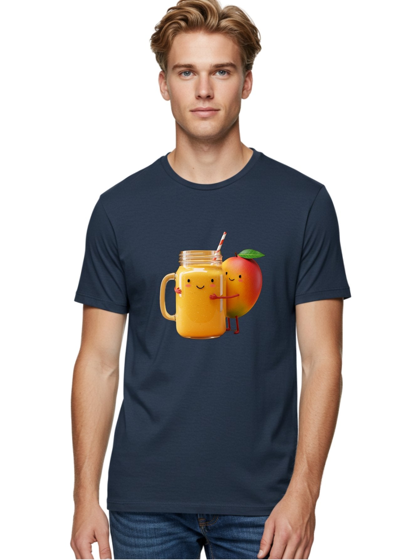 Mango-Smoothie-4 Men'S Graphic Tee, 100% Cotton, Comfortable Casual Summer Wear, Machine Washable, Mason Jar With Straw, Smiling Jar, Mango Character, Orange Smoothie, Healthy Drink, Cartoon-Style Illustration, Smiling Faces, Happy Vibe, Bac156 21