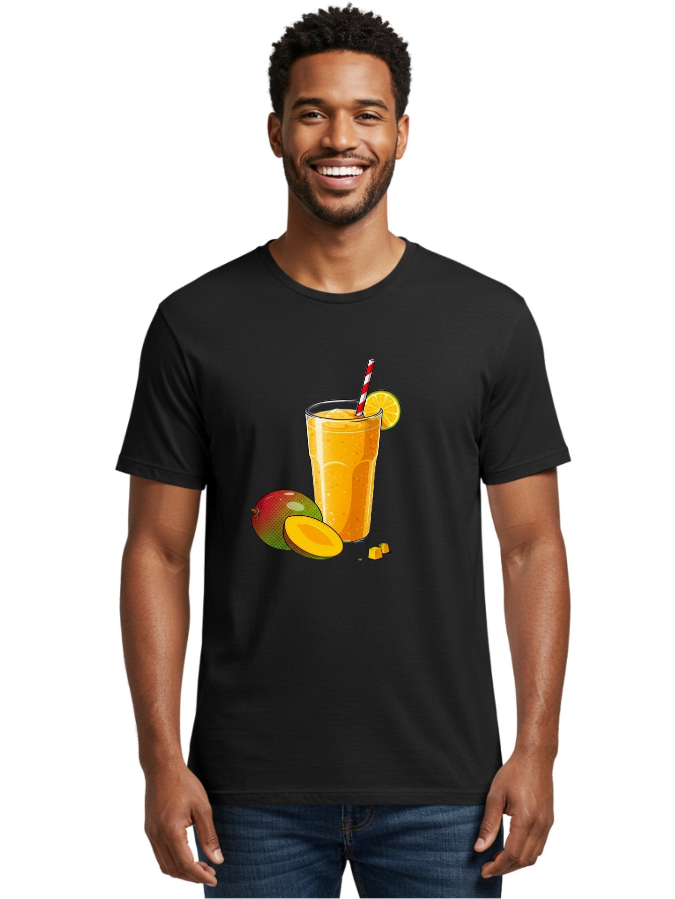 Mango-Smoothie-5 Men'S Graphic Tee, 100% Cotton, Comfortable Casual Summer Wear, Machine Washable, Mango Smoothie, Orange Slice, Red And White Straw, Refreshing Drink, Citrus Flavor, Tropical Fruit, Mango Chunks, Healthy Beverage, Summer Treat Bac157 20