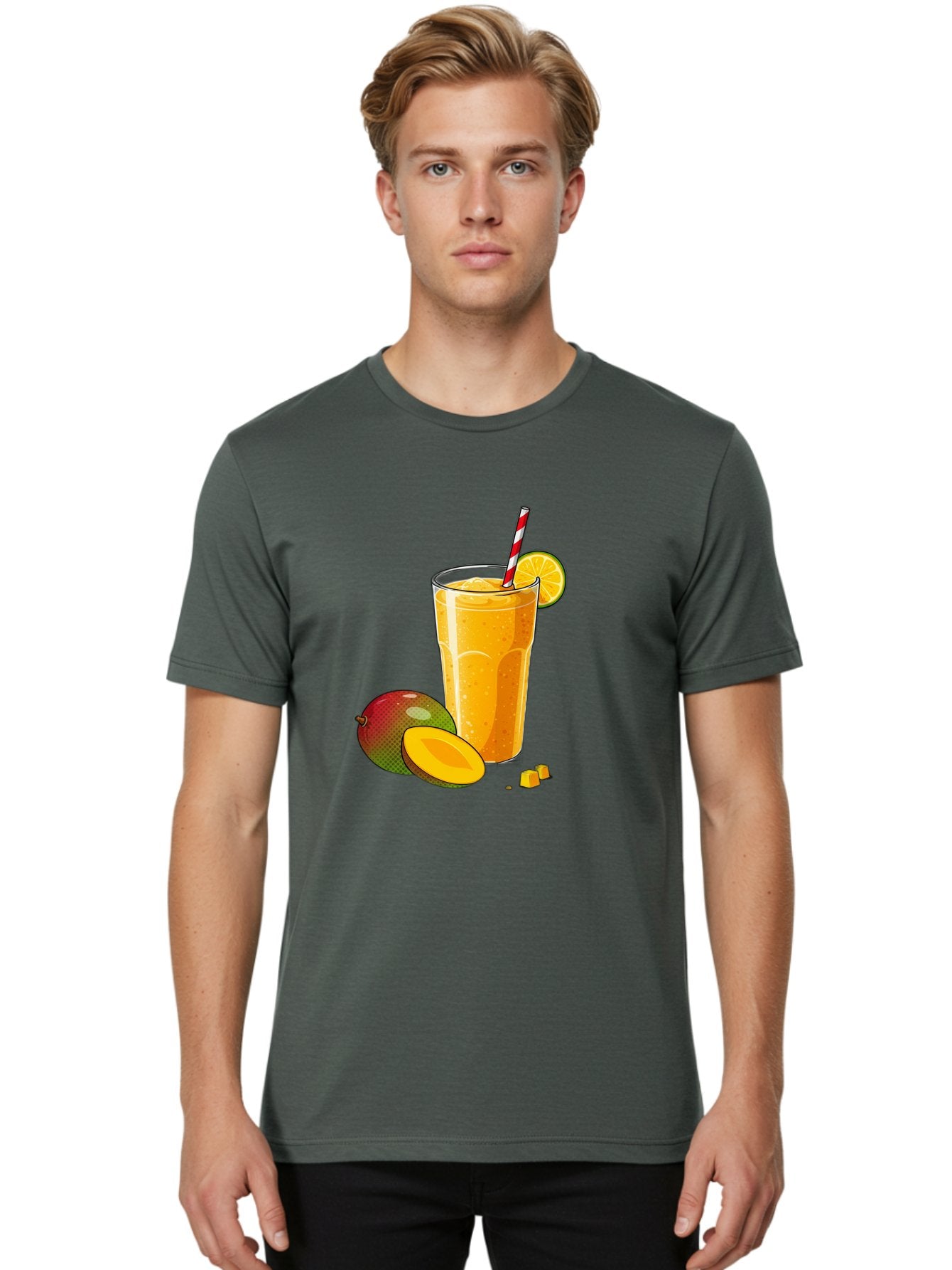 Mango-Smoothie-5 Men'S Graphic Tee, 100% Cotton, Comfortable Casual Summer Wear, Machine Washable, Mango Smoothie, Orange Slice, Red And White Straw, Refreshing Drink, Citrus Flavor, Tropical Fruit, Mango Chunks, Healthy Beverage, Summer Treat Bac157 27