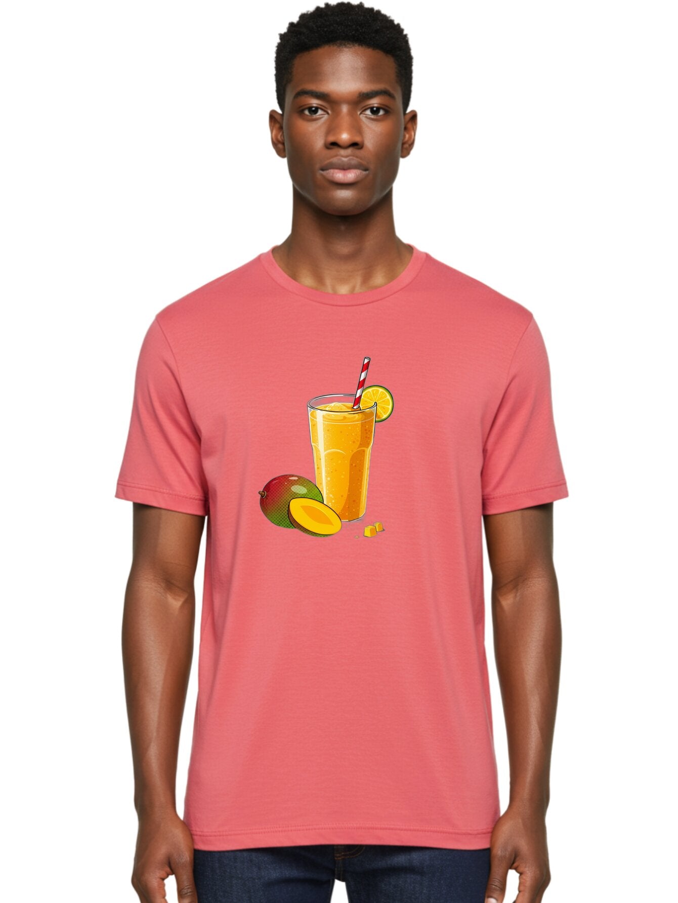 Mango-Smoothie-5 Men'S Graphic Tee, 100% Cotton, Comfortable Casual Summer Wear, Machine Washable, Mango Smoothie, Orange Slice, Red And White Straw, Refreshing Drink, Citrus Flavor, Tropical Fruit, Mango Chunks, Healthy Beverage, Summer Treat Bac157 29