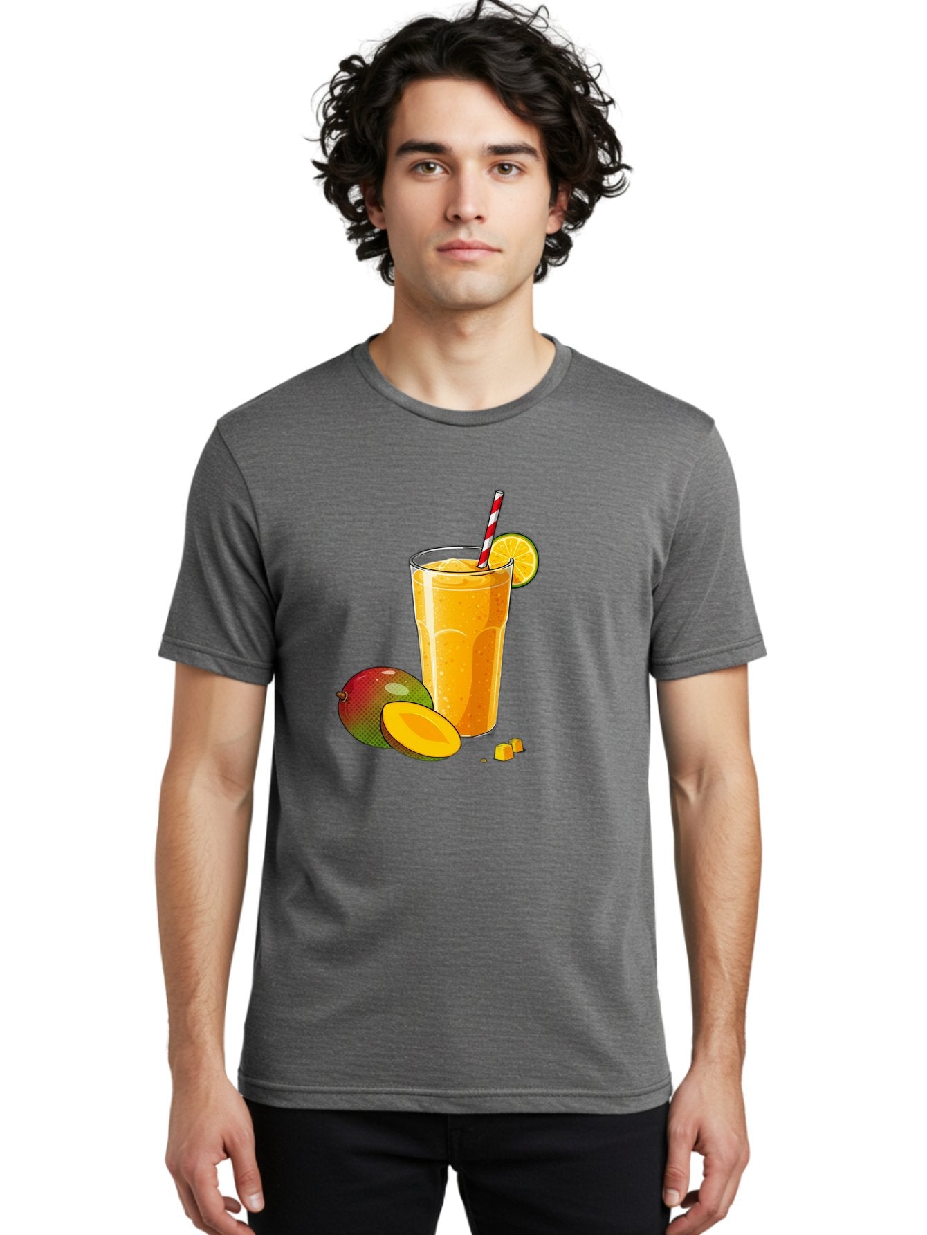 Mango-Smoothie-5 Men'S Graphic Tee, 100% Cotton, Comfortable Casual Summer Wear, Machine Washable, Mango Smoothie, Orange Slice, Red And White Straw, Refreshing Drink, Citrus Flavor, Tropical Fruit, Mango Chunks, Healthy Beverage, Summer Treat Bac157 19