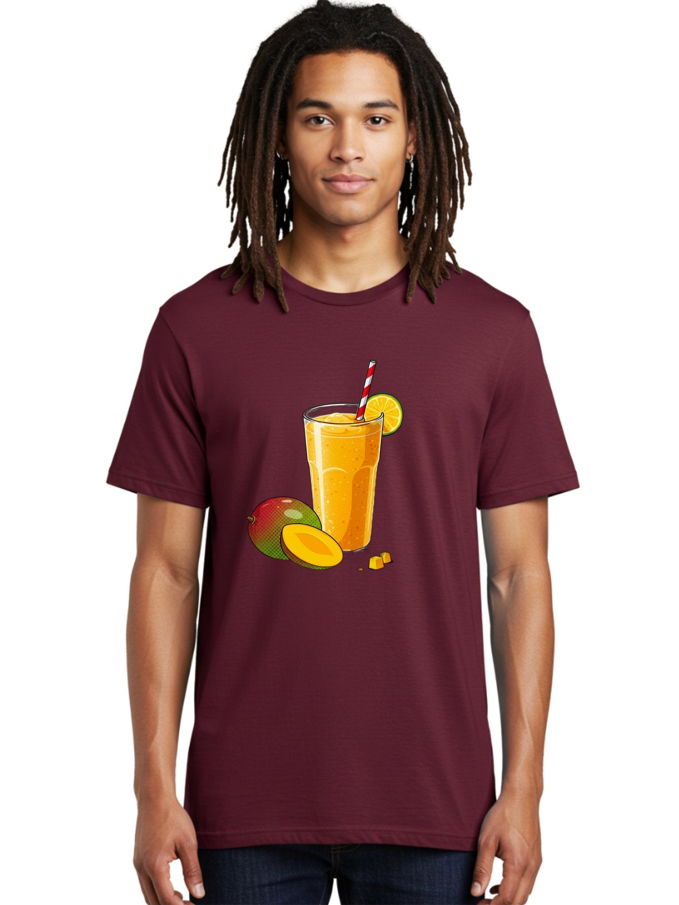 Mango-Smoothie-5 Men'S Graphic Tee, 100% Cotton, Comfortable Casual Summer Wear, Machine Washable, Mango Smoothie, Orange Slice, Red And White Straw, Refreshing Drink, Citrus Flavor, Tropical Fruit, Mango Chunks, Healthy Beverage, Summer Treat Bac157 30