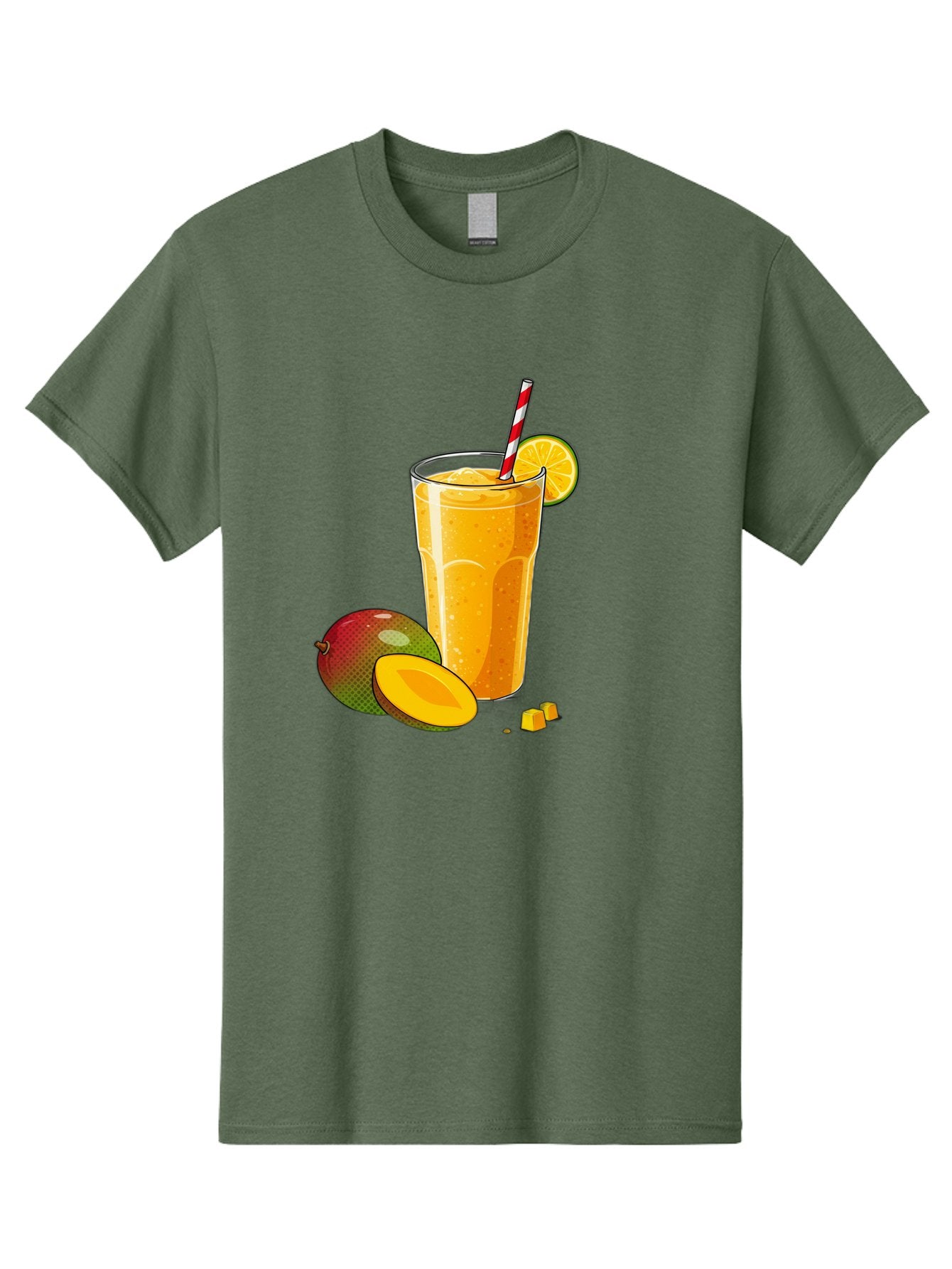 Mango-Smoothie-5 Men'S Graphic Tee, 100% Cotton, Comfortable Casual Summer Wear, Machine Washable, Mango Smoothie, Orange Slice, Red And White Straw, Refreshing Drink, Citrus Flavor, Tropical Fruit, Mango Chunks, Healthy Beverage, Summer Treat Bac157