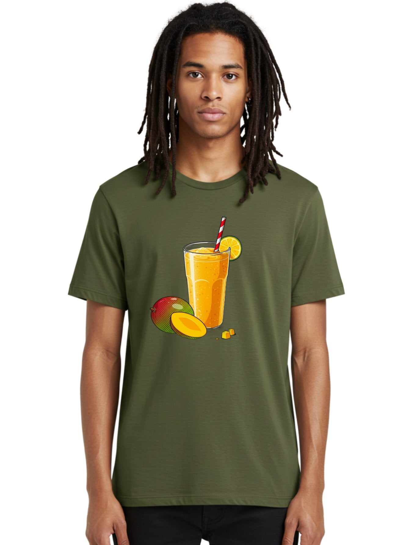 Mango-Smoothie-5 Men'S Graphic Tee, 100% Cotton, Comfortable Casual Summer Wear, Machine Washable, Mango Smoothie, Orange Slice, Red And White Straw, Refreshing Drink, Citrus Flavor, Tropical Fruit, Mango Chunks, Healthy Beverage, Summer Treat Bac157 21
