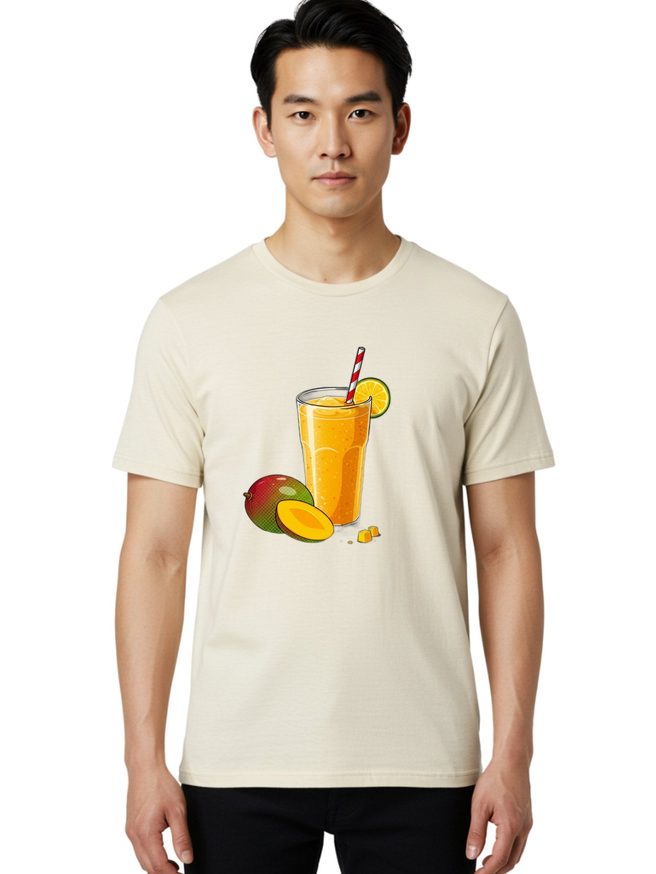 Mango-Smoothie-5 Men'S Graphic Tee, 100% Cotton, Comfortable Casual Summer Wear, Machine Washable, Mango Smoothie, Orange Slice, Red And White Straw, Refreshing Drink, Citrus Flavor, Tropical Fruit, Mango Chunks, Healthy Beverage, Summer Treat Bac157 25
