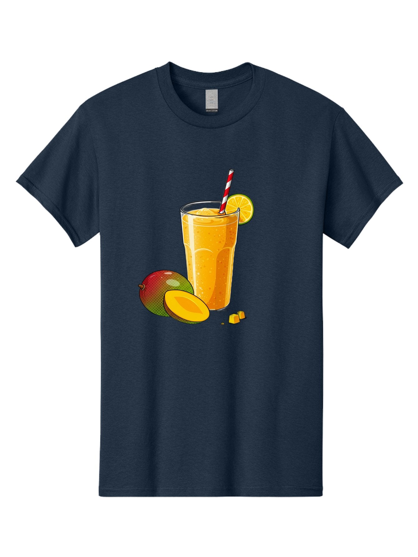 Mango-Smoothie-5 Men'S Graphic Tee, 100% Cotton, Comfortable Casual Summer Wear, Machine Washable, Mango Smoothie, Orange Slice, Red And White Straw, Refreshing Drink, Citrus Flavor, Tropical Fruit, Mango Chunks, Healthy Beverage, Summer Treat Bac157 5