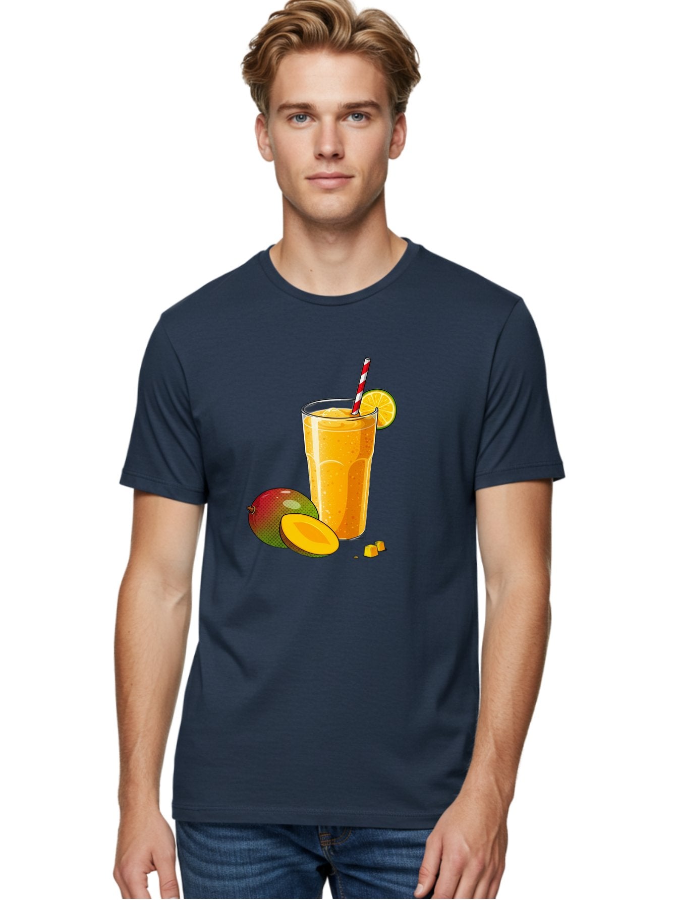 Mango-Smoothie-5 Men'S Graphic Tee, 100% Cotton, Comfortable Casual Summer Wear, Machine Washable, Mango Smoothie, Orange Slice, Red And White Straw, Refreshing Drink, Citrus Flavor, Tropical Fruit, Mango Chunks, Healthy Beverage, Summer Treat Bac157 23