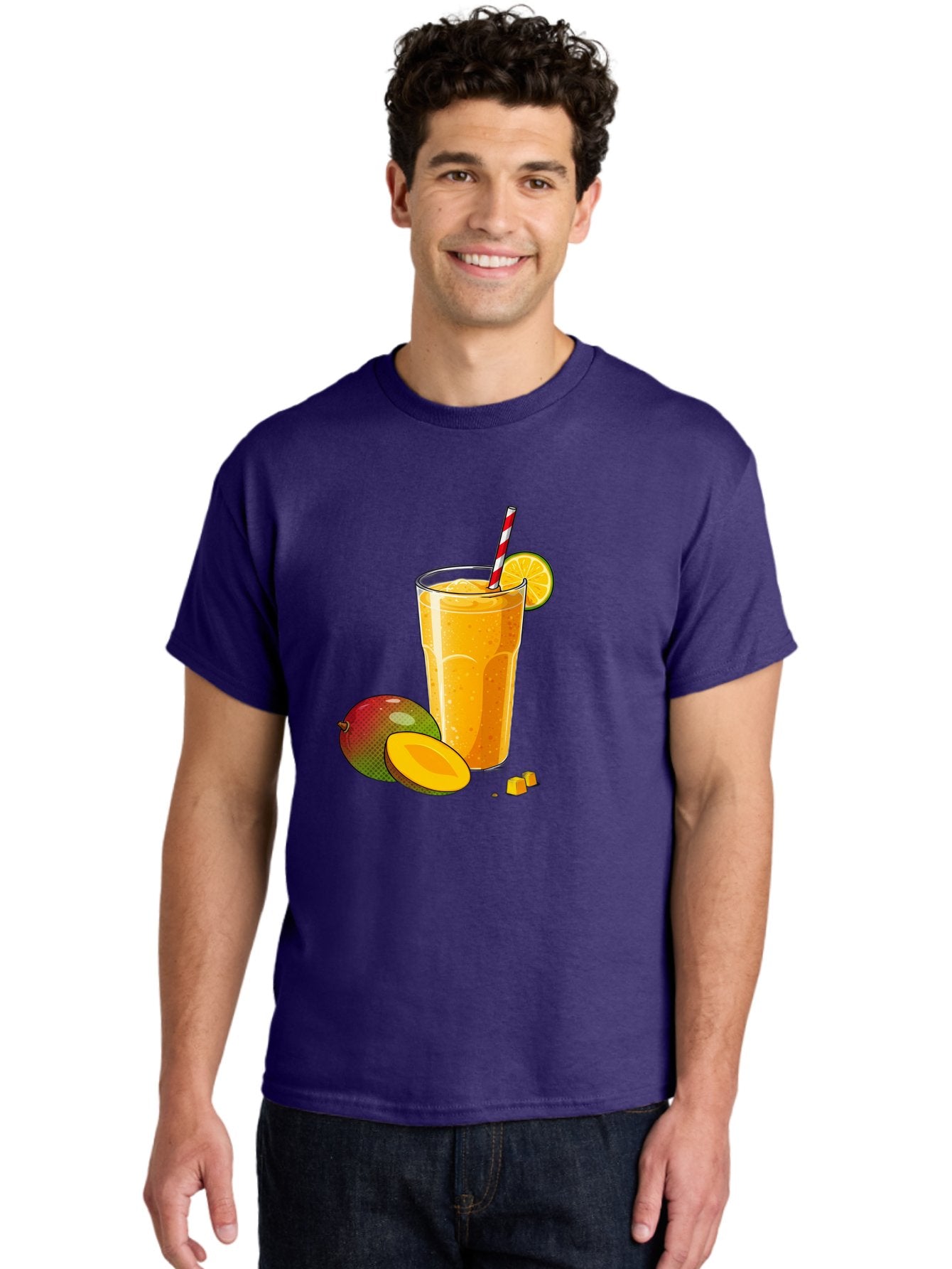 Mango-Smoothie-5 Men'S Graphic Tee, 100% Cotton, Comfortable Casual Summer Wear, Machine Washable, Mango Smoothie, Orange Slice, Red And White Straw, Refreshing Drink, Citrus Flavor, Tropical Fruit, Mango Chunks, Healthy Beverage, Summer Treat Bac157 18